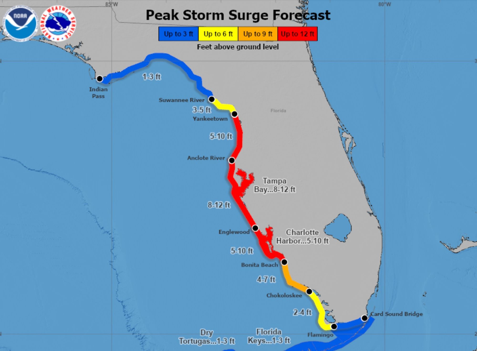 NHC map of Florida showing a long stretch of red indicating a peak storm surge forecast of up to 12 feet from Bonita Beach in the south up to Yankeetown farther north. The rest of the coast has less but still significant storm surge forecast.