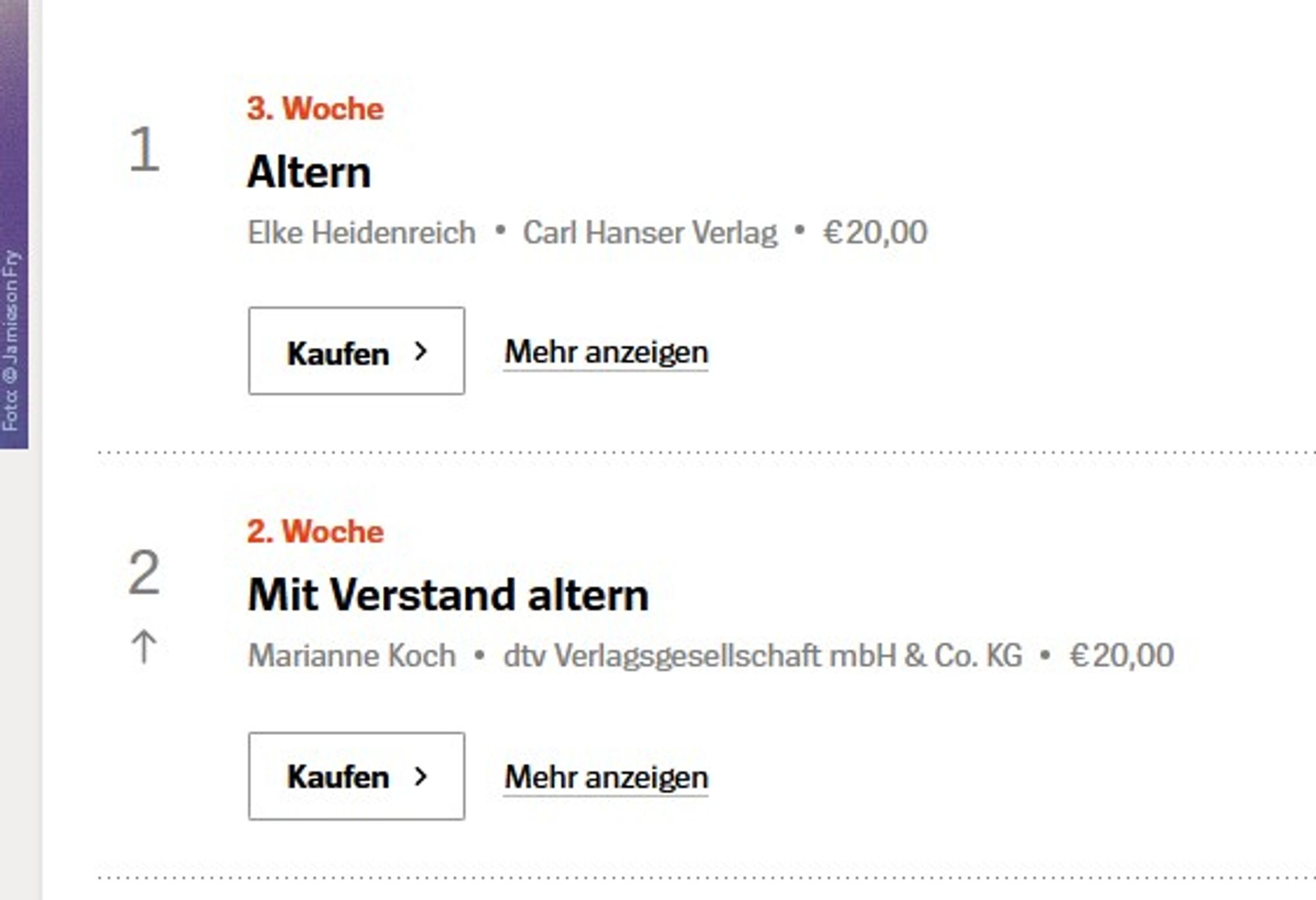 Screenshot von Spiegelbestseller-Liste. Platz 1: Elke Heidenreich, Altern
Platz 2: Marianne Koch, Mit Verstand altern