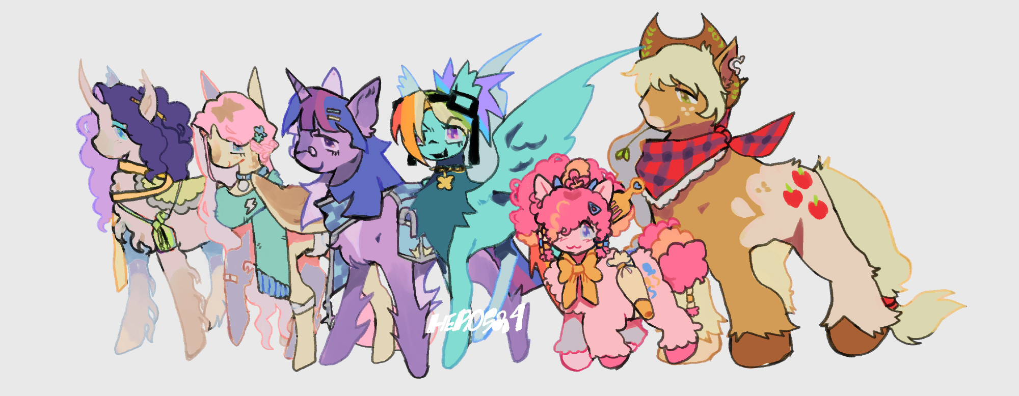 These are redesigns of characters from  my little pony. From left to right, there is a white unicorn with curly purple fur. She has a green shawl on her back. Next, there is a yellow and brown pegasus with a blue scarf and silver lightning bolt pin. She has long pink hair that has a few blue hair clips at the top part. After her is a purple unicorn with a checker-patterned blue scarf and a bag. The next pony is a blue pegasus with a darker blue chest, wearing black goggles and a blue chocker with a golden butterfly pendant. Next Is a short pink pony with puffy afro-like hair with a few  beads. She has a cream filler(?) attached to her. Next is a tall pony with a  cowboy hat and a checkered red scarf. She's orange with a blonde mane.