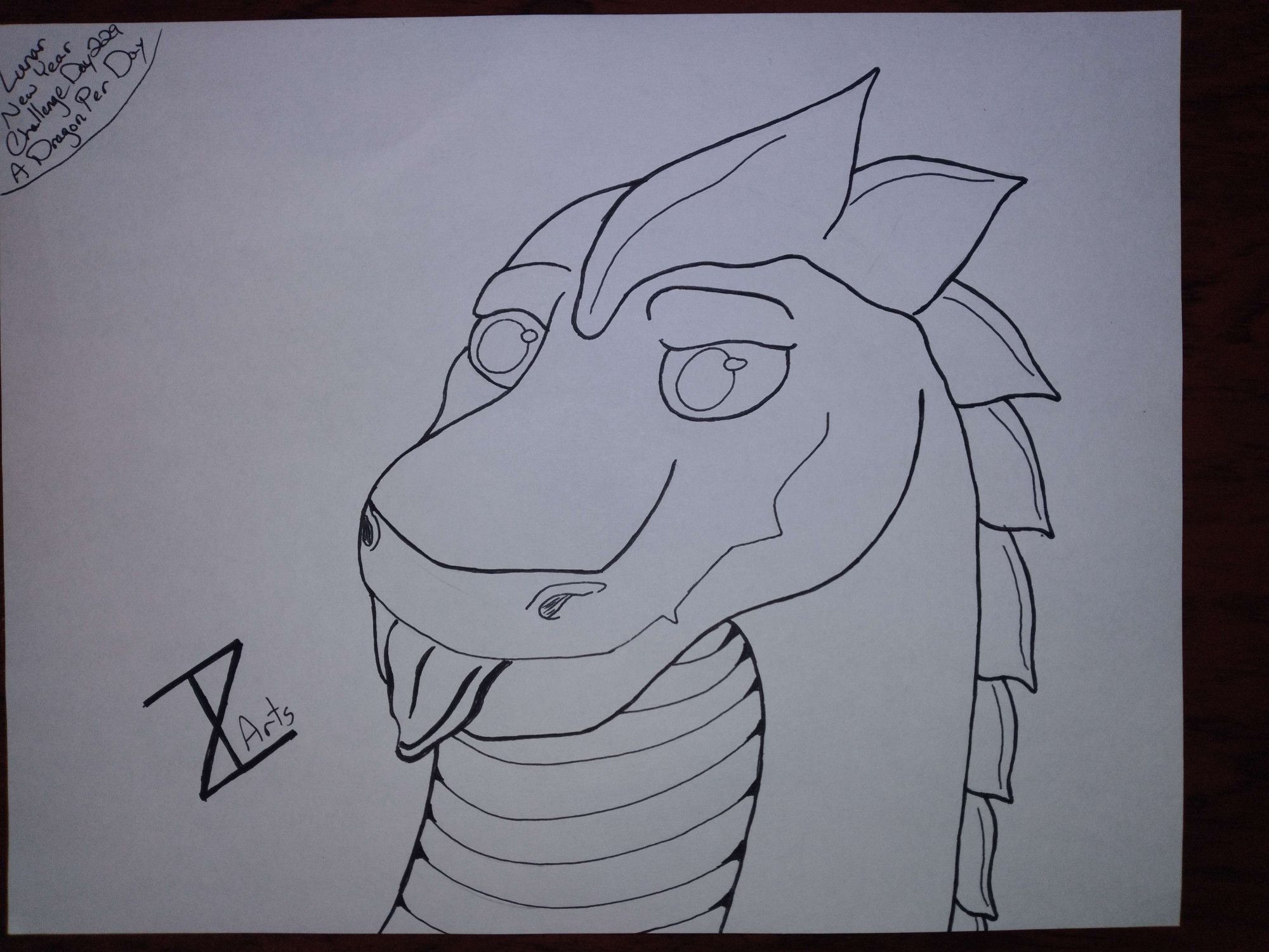 art of a dragon from the neck up

they have a plated neck, a wavy-spike plated spine, and a large snout. they're also sticking their tongue partway out their mouth with a little blep

they have a playful happy look on their face