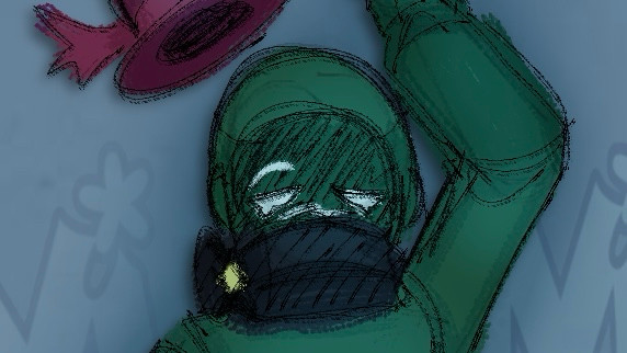 a closeup sketch of xisumavoid laying in snow, with a red tophat laying next to his mask.