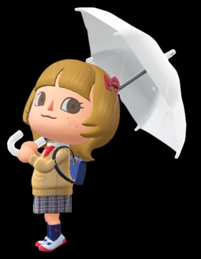 A transparent PNG of my ACNH character in a school uniform, holding an umbrella.