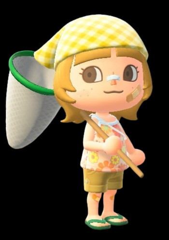 A transparent PNG of my ACNH character in a summer outfit - consisting of a floral yellow tanktop, khaki shirts, green flip-flops, a yellow gingham bandana, and many bandaids on her face and knees - holding a green bug net.