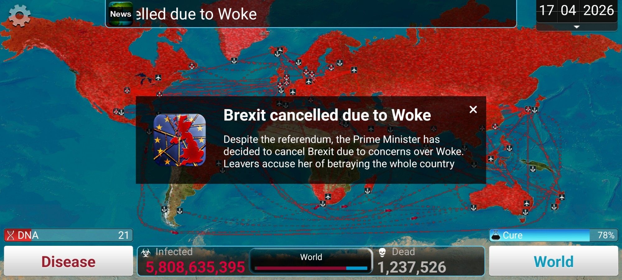 screenshot of a mock news headline in the game plague, inc. saying "Brexit cancelled due to Woke"