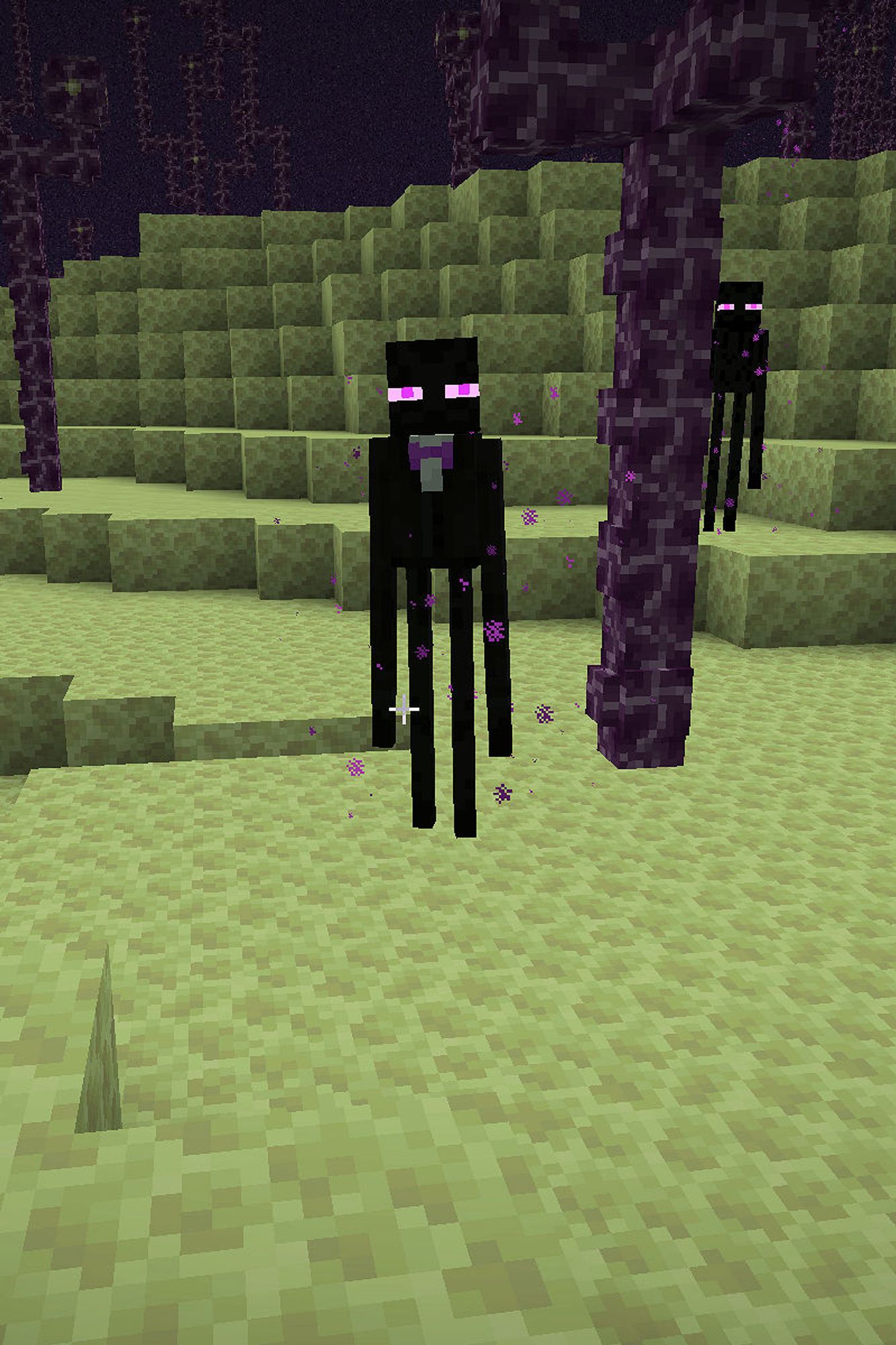 An Enderman in a tux and purple bow tie