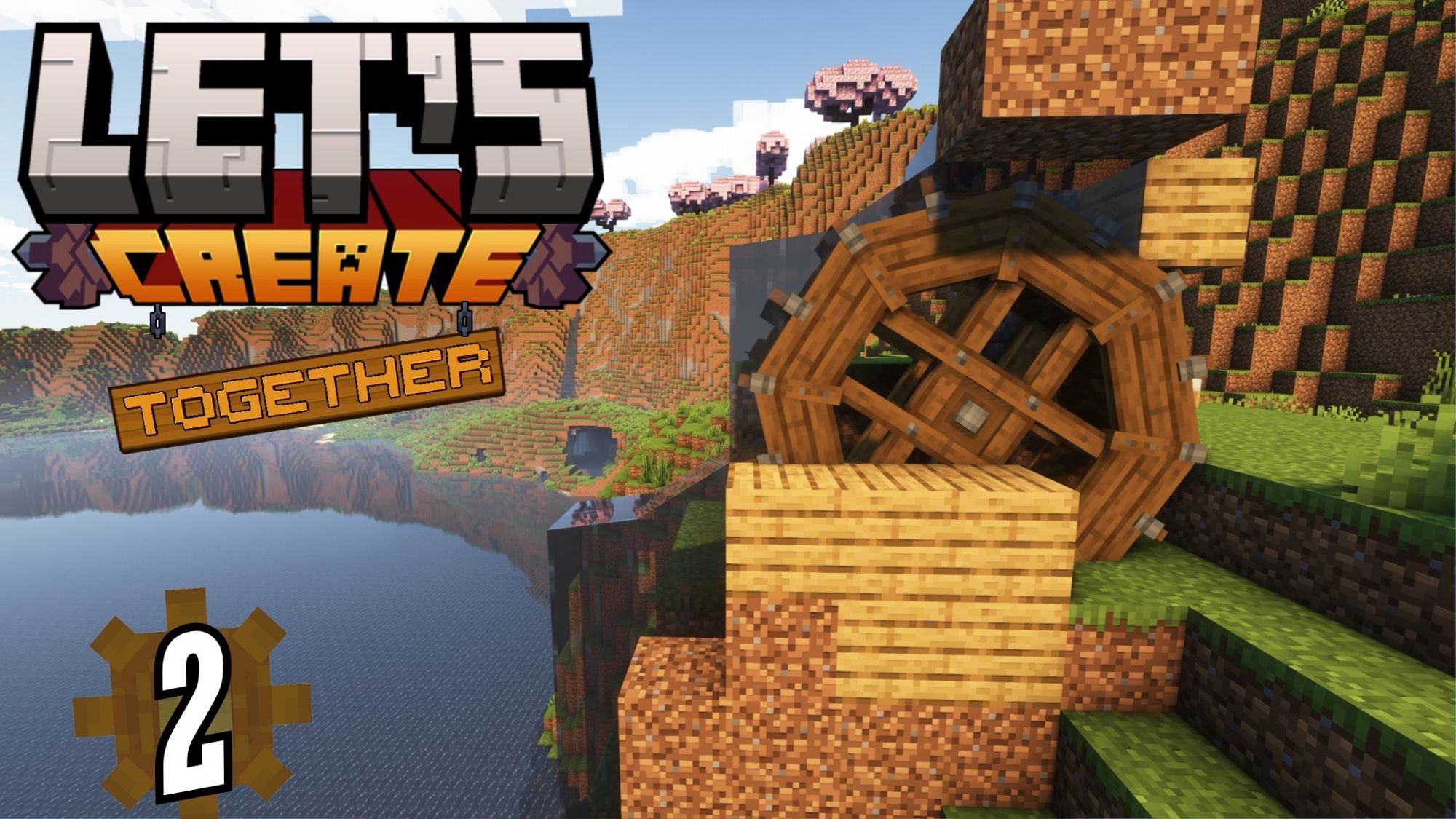 Thumbnail of a youtube Minecraft stream showing a waterwheel from the create mod