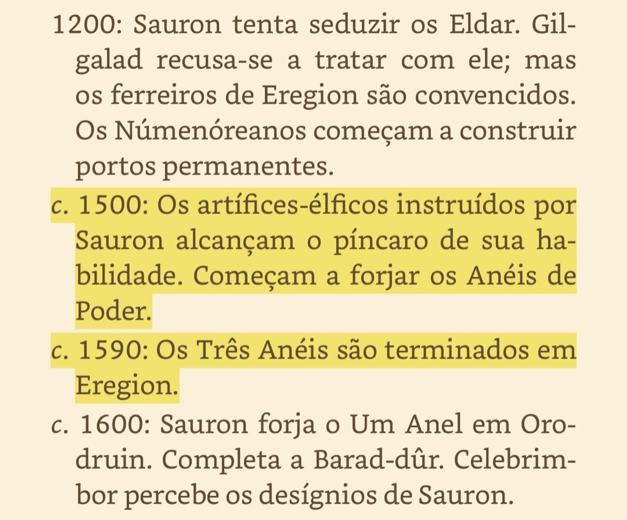 Cerca de 1500: Os artífices-élficos instruídos por Sauron alcançam o píncaro de sua habilidade. Começam a forjar os Anéis de Poder. Cerca de 1590: Os Três Anéis são terminados em Eregion.