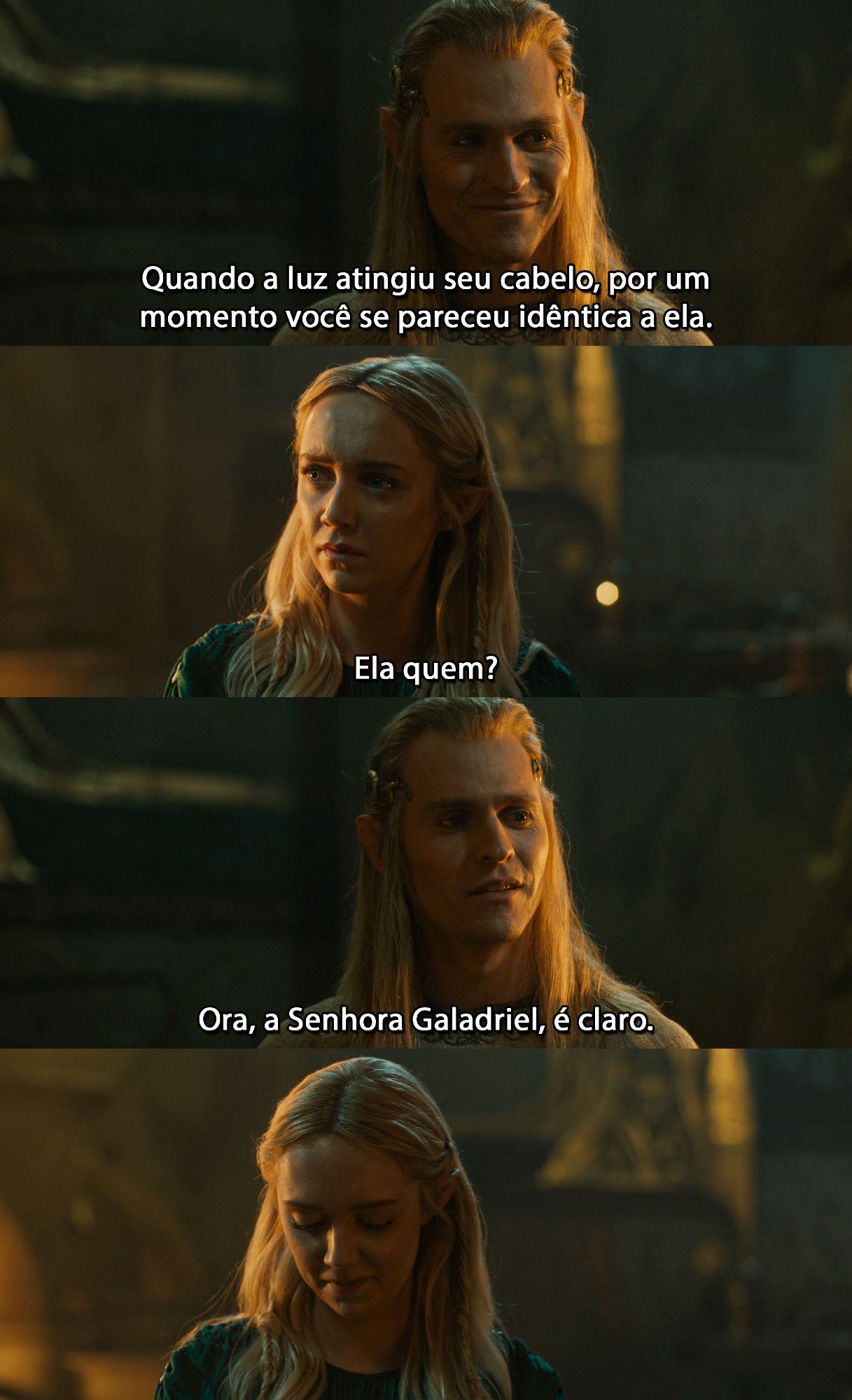 Uma cena da 2ª temporada de Os Anéis de Poder, na qual Annatar diz que o cabelo de Mirdania por um momento pareceu idêntico ao de Galadriel, e Mirdania dá um sorriso tímido.