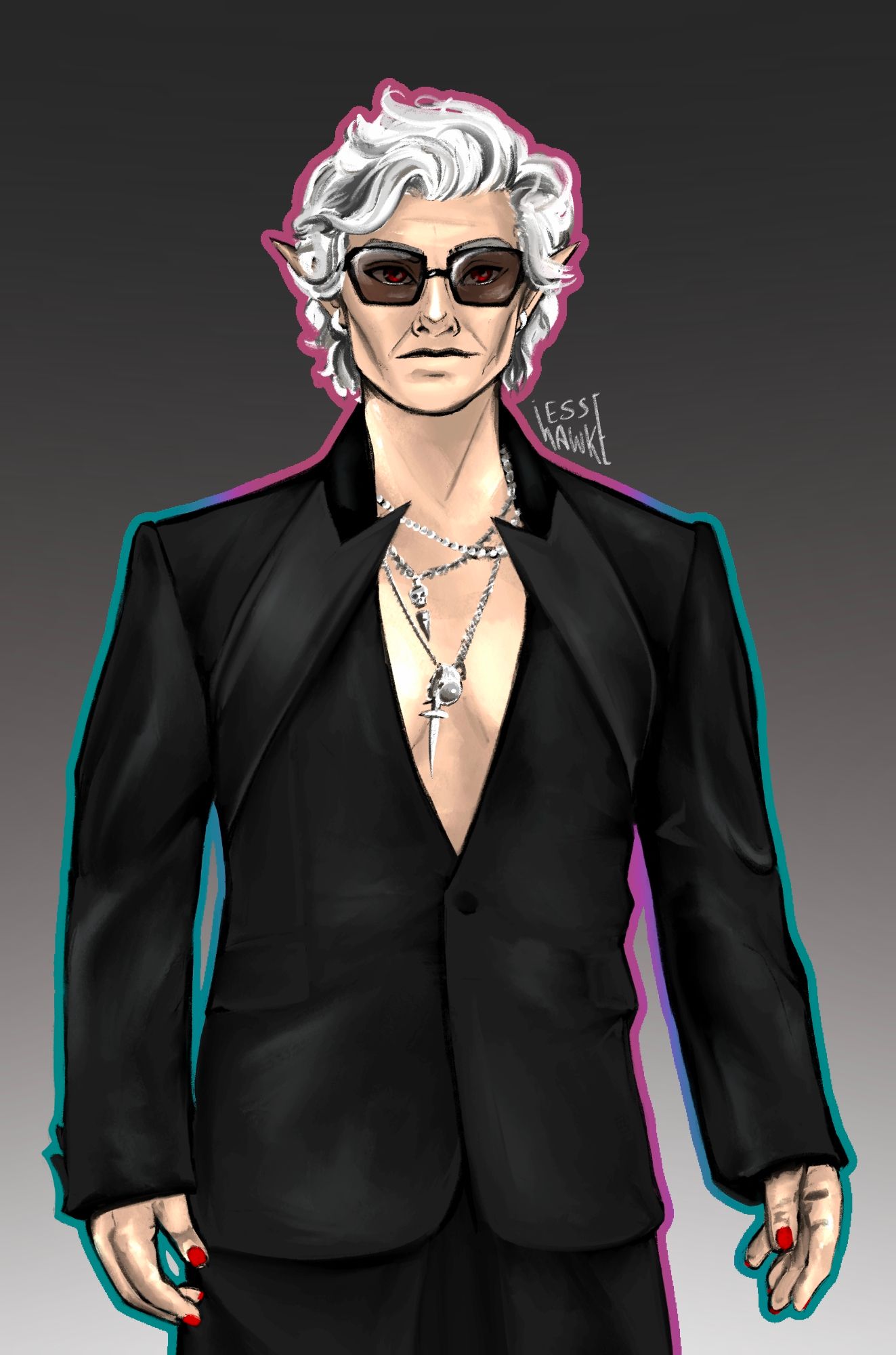 Digital art of Astarion wearing his voice actor's outfit from the red carpet