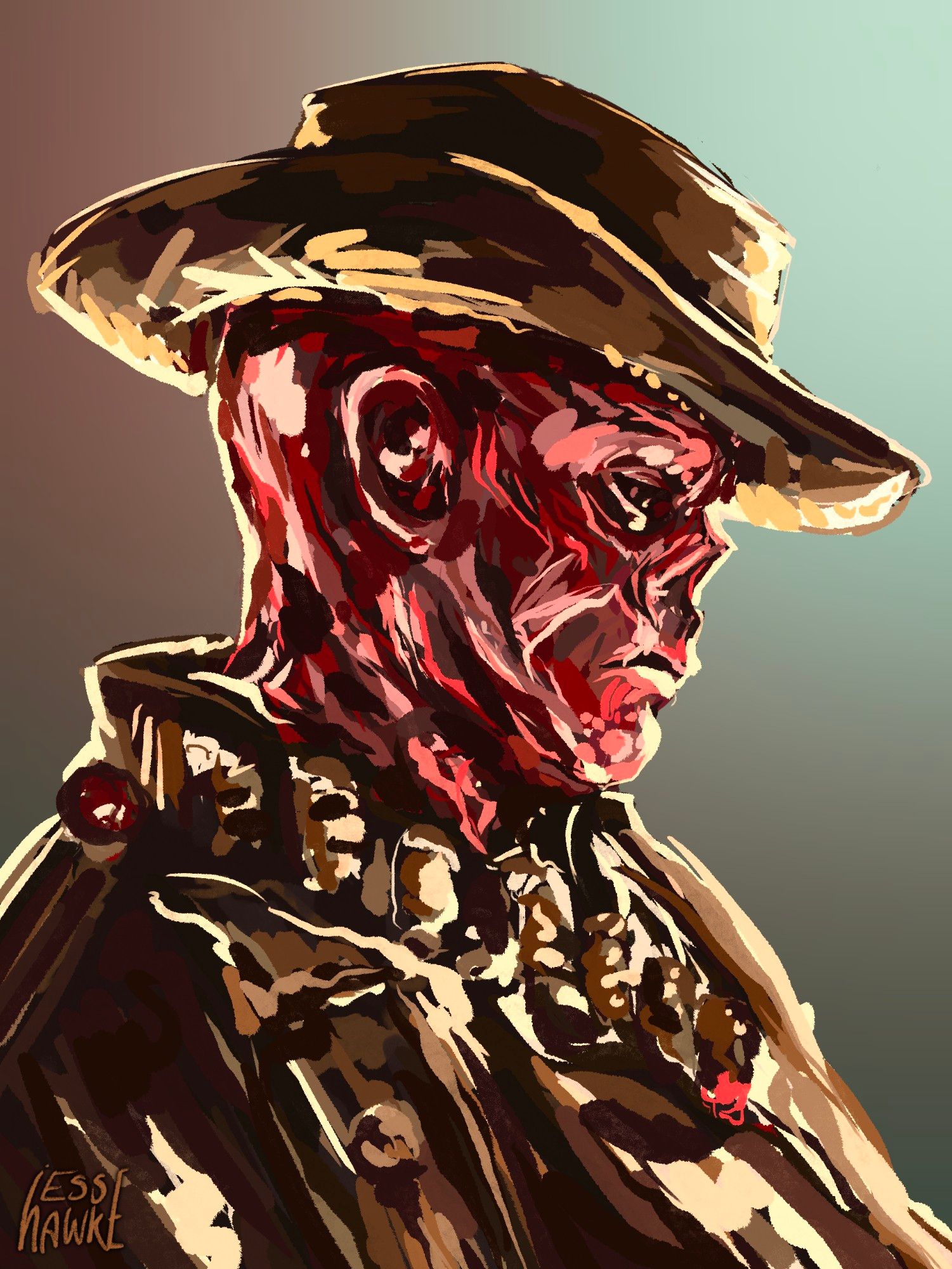 Messy digital art of the ghoul from the Fallout TV show. He is in profile, with a pensive expression.