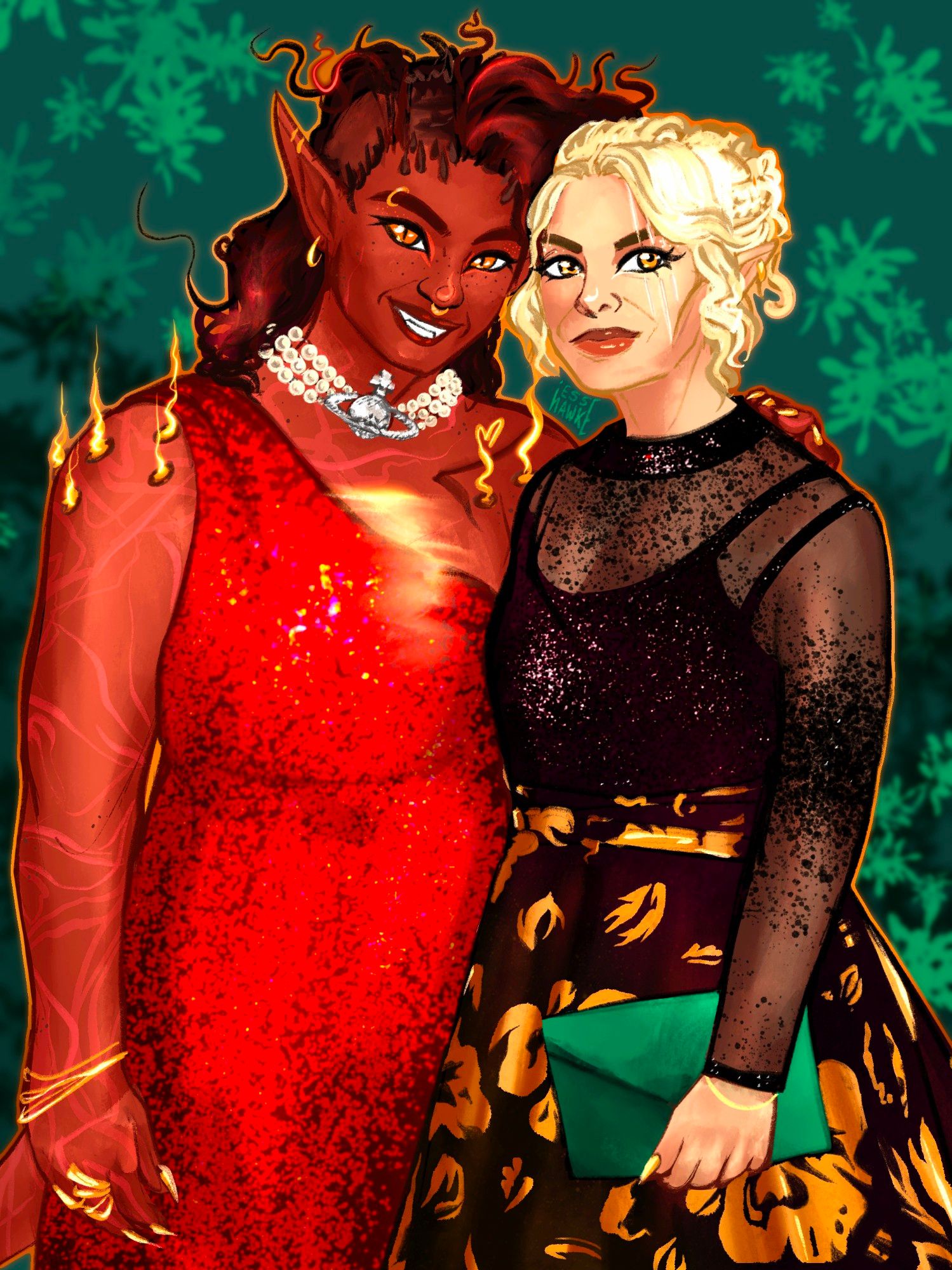 Digital art of Karlach and Jaheira in the dresses their voice actors wore to the awards show. Karlach's dress is one-shouldered and glittering red, while Jaheira's top is black and sparkling, sheer in places, and her skirt is black and featuring a golden flower pattern.