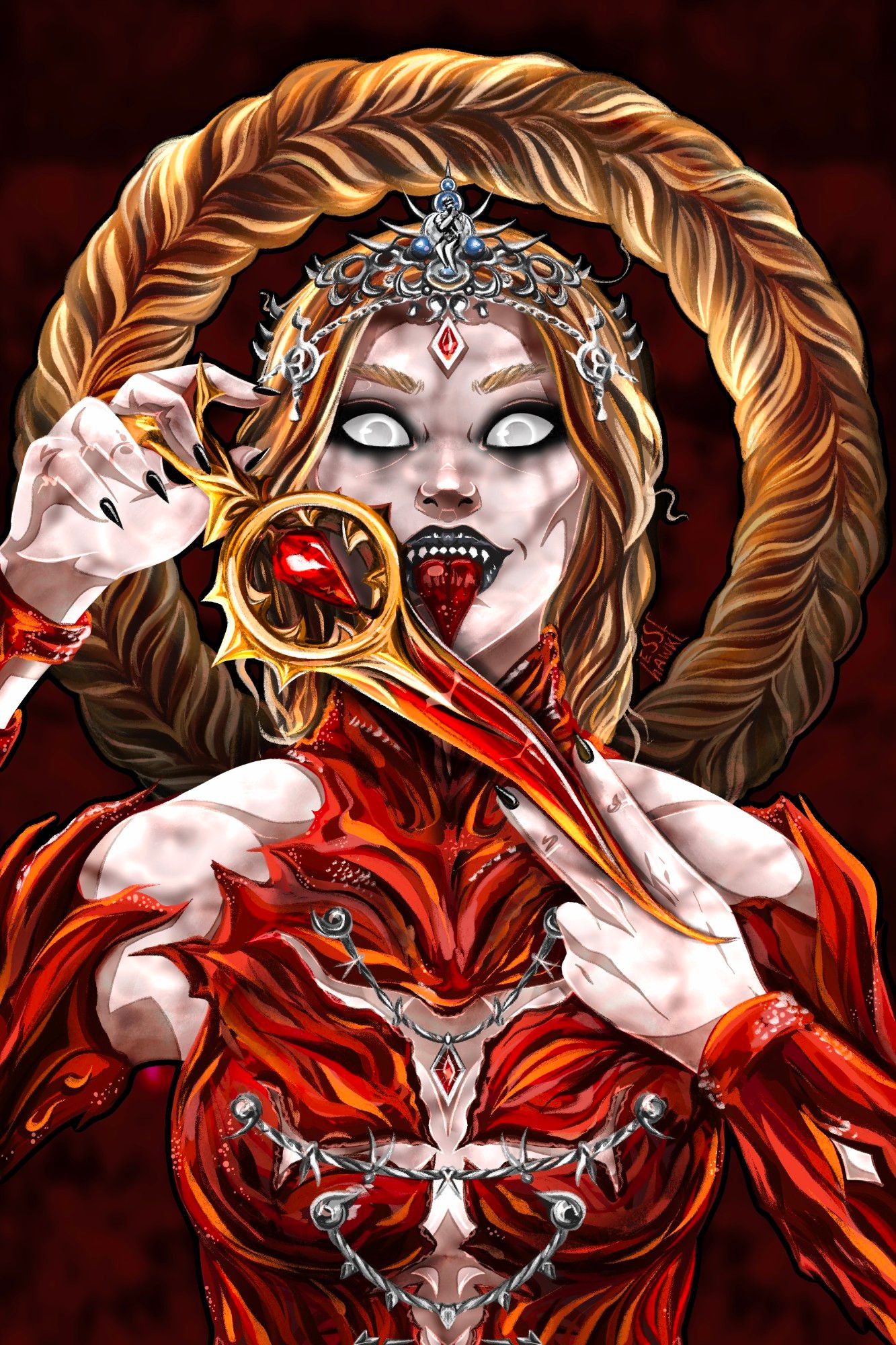 Digital art of Orin from Baldur's Gate 3. She is holding her dagger up to her face, balanced treacherously between the fingers of both hands, and has her tongue out as though to lick it. The look on her face is manic delight. Behind her head, her long golden-red braid forms a halo.