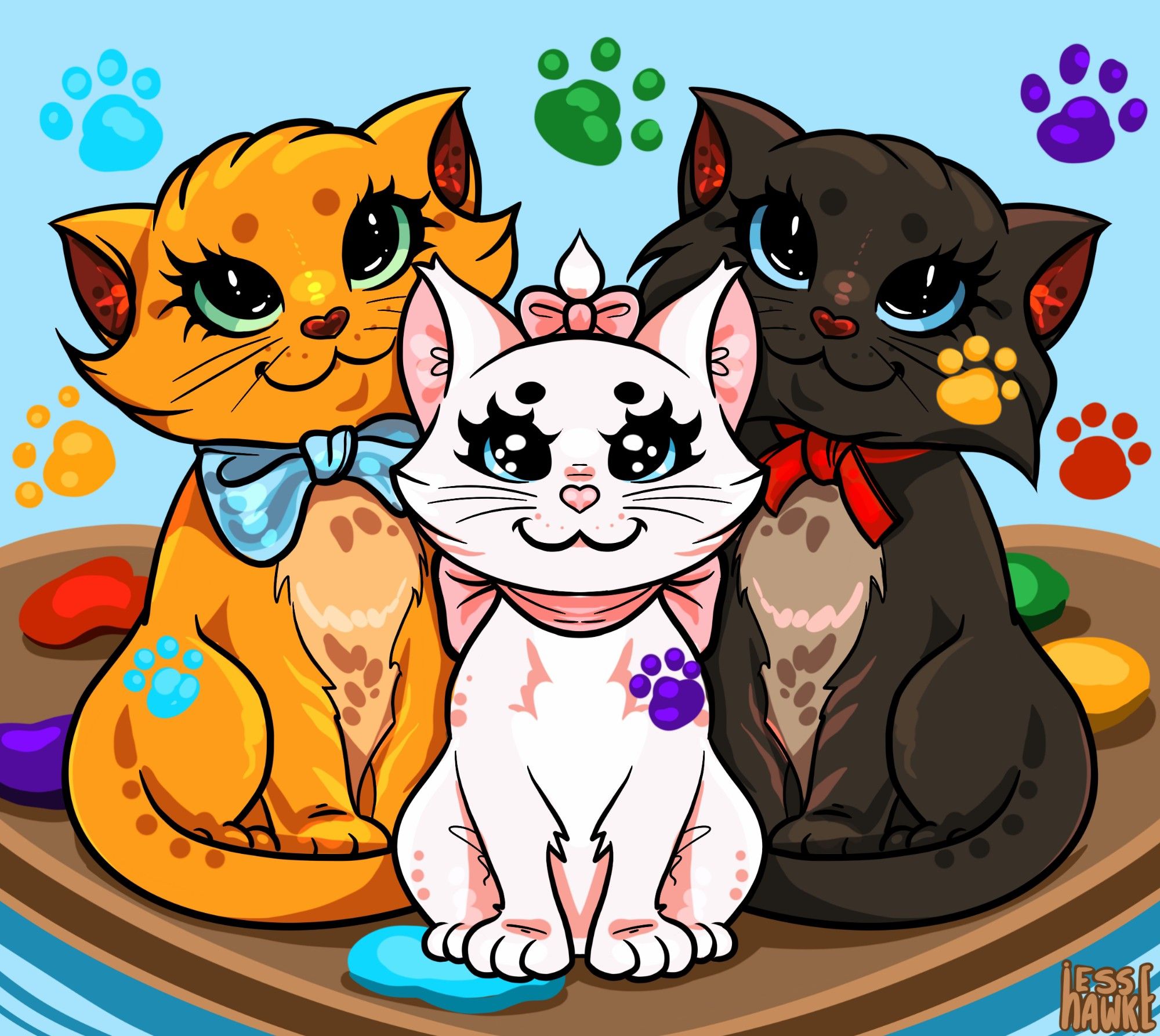 Digital art of the three kittens from Aristocats, sitting on a paint palette and surrounded by paint splodges and colourful pawprints.