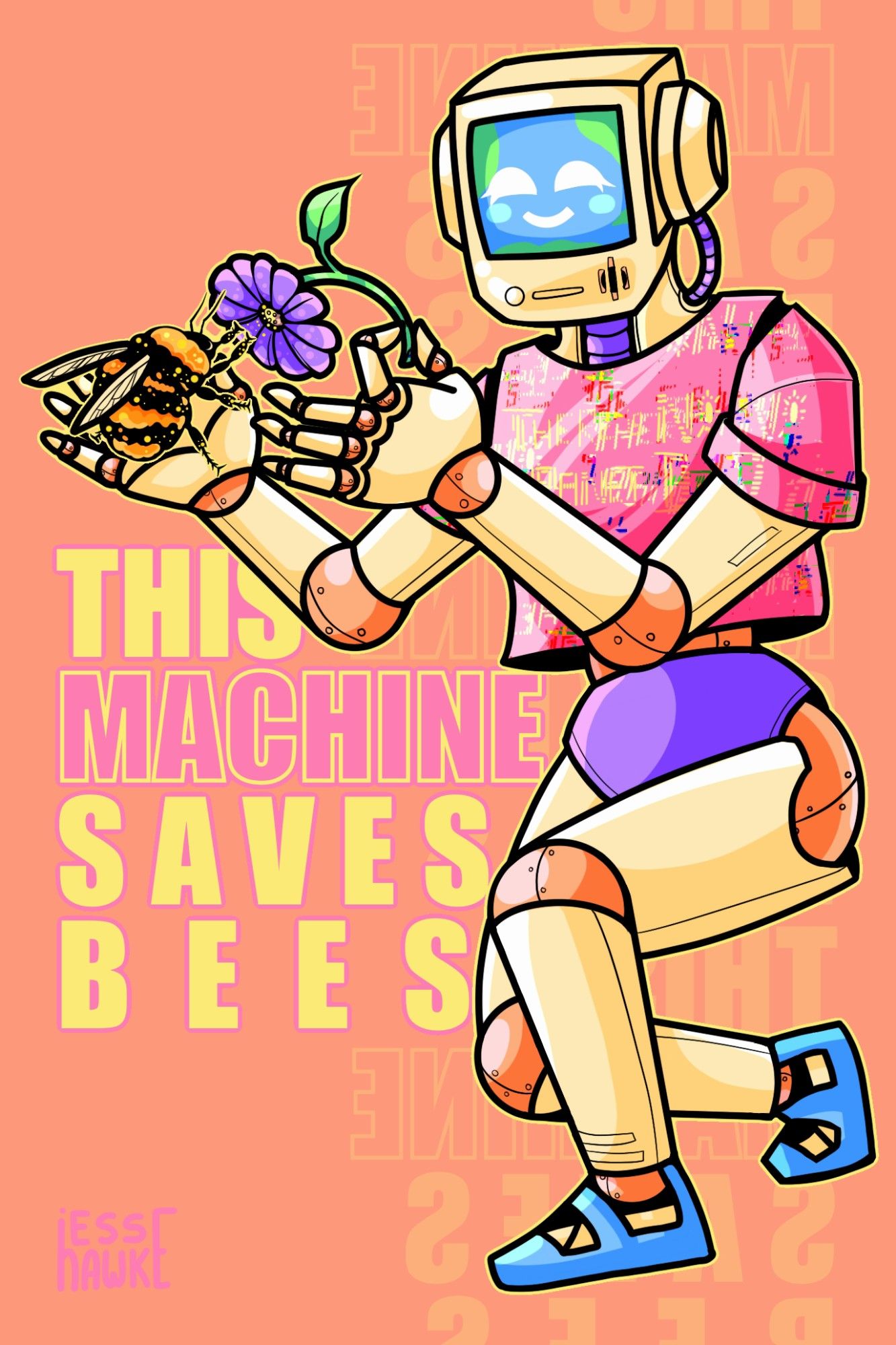 Digital art of a robot offering a purple flower to a bee. The bee is very large, taking up most of the robot's hand as it reaches for the flower. The robot has a head reminiscent of an old computer monitor, with a pale yellow casing. Its joints consist of pastel orange spheres, and it wears blue sandals, purple shorts, and a pink crop top with glitched text on it. Beside the robot is blocky text reading "this machine saves bees".