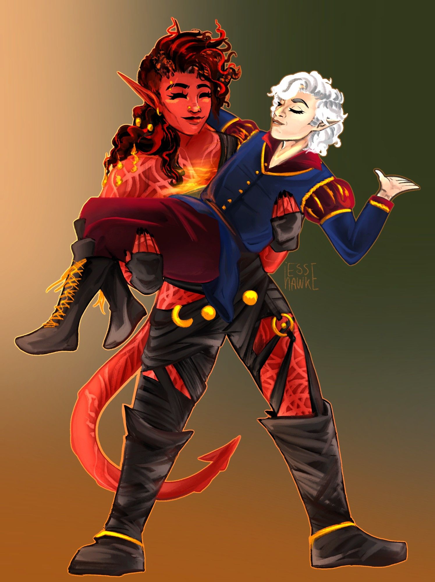 Digital art of Karlach carrying Astarion, bridal style.