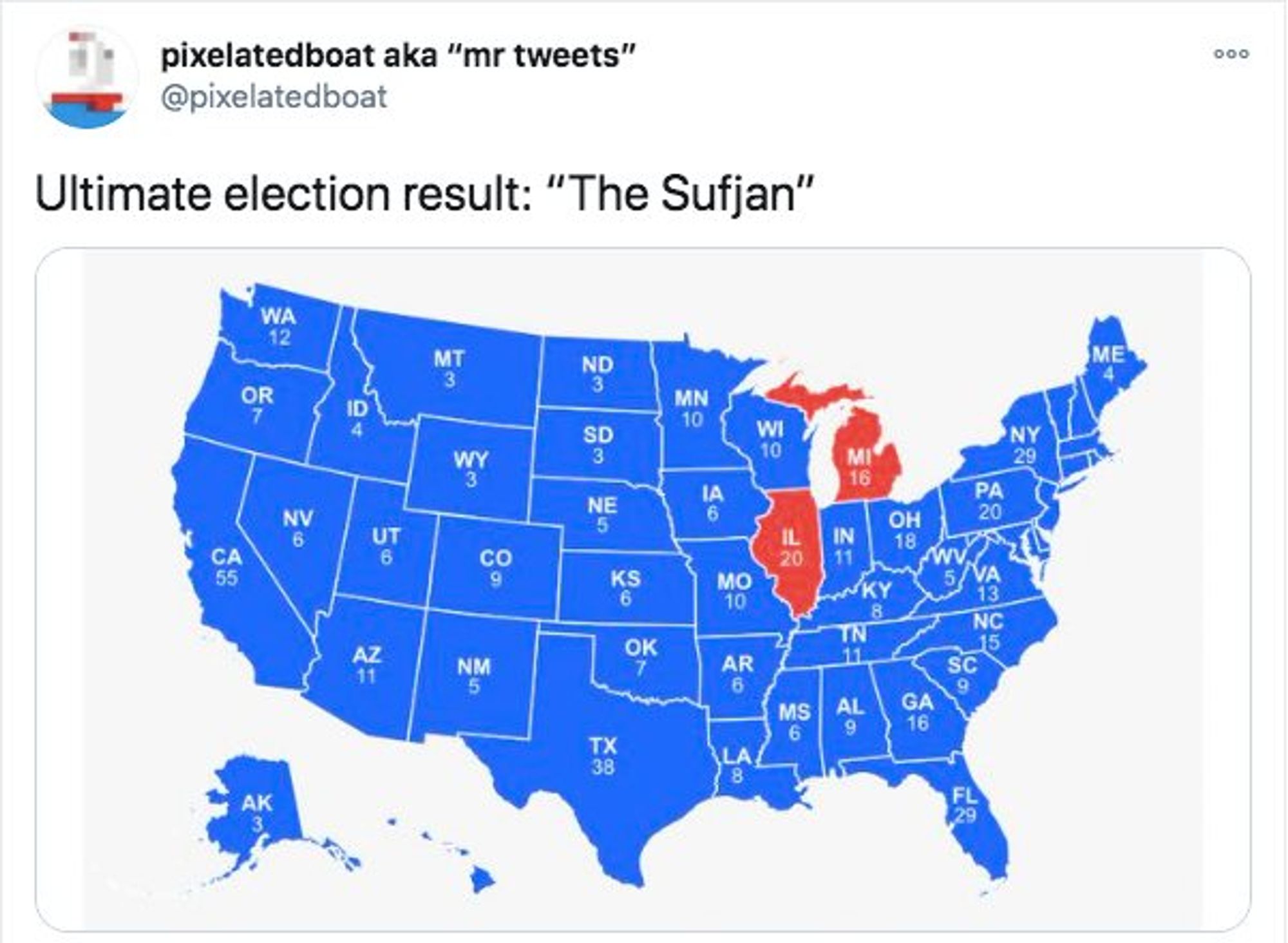 A tweet from Pixelatedboat showing an election map of the US. Michigan and Illinois are red, and every other state is blue - the caption reads Ultimate election result: "The Sufjan"