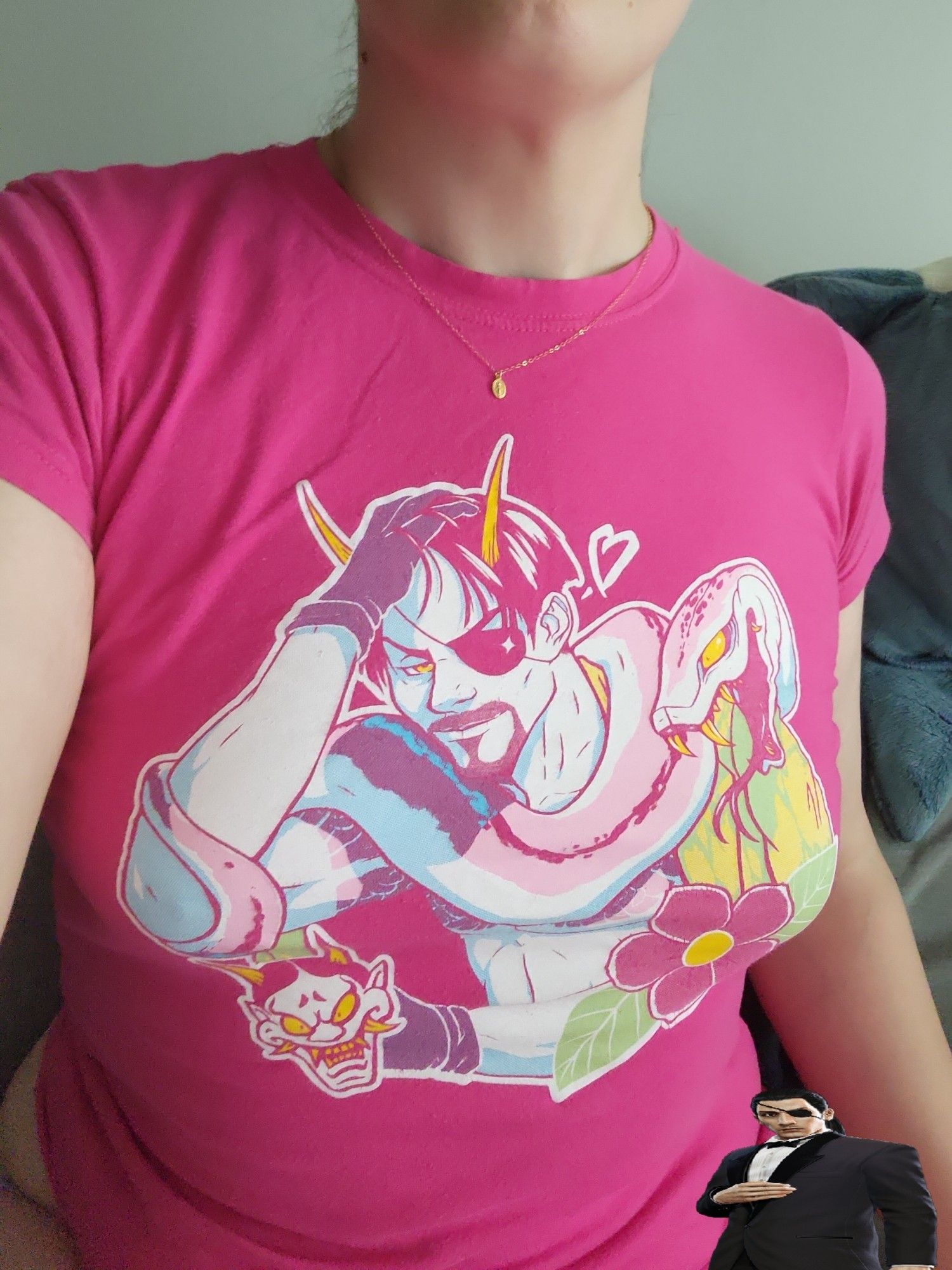 me in a tight pink Majima tshirt (he's depicted in the trans colors)