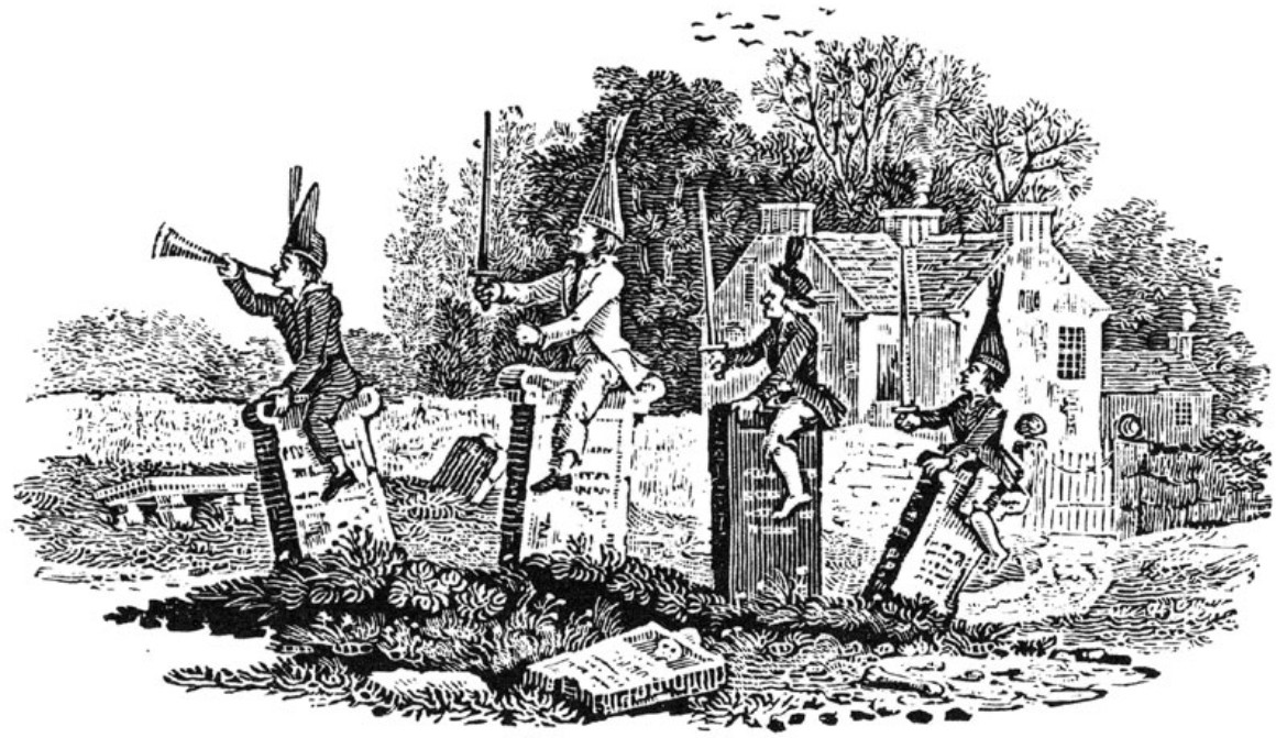 An engraving by Thomas Bewick of four boys sitting on tombstones, pretending to be cavalry. The foremost is blowing a horn.