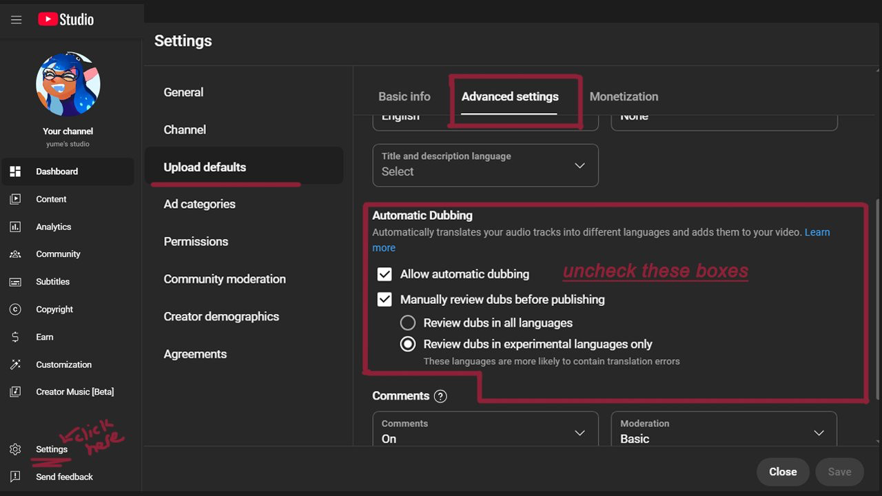 Go to YouTube Studio and click on settings. Then scroll to Upload Defaults, click the second tab which is Advanced Settings. Scroll down to Automatic Dubbing and uncheck all boxes.