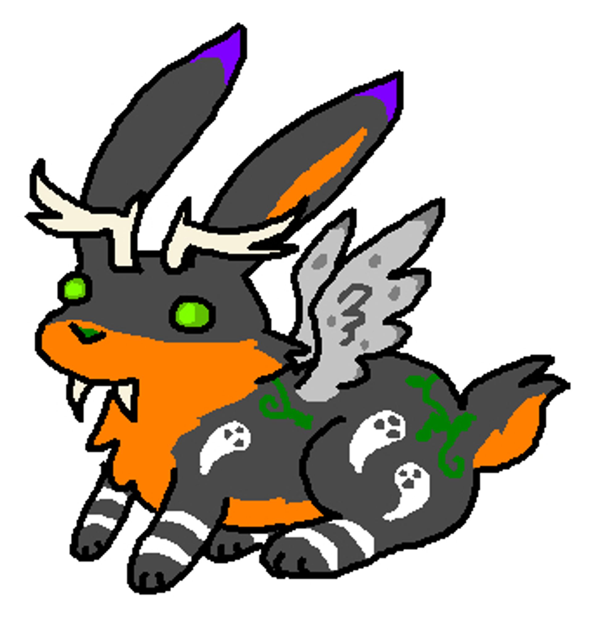 A black and orange rabbit with antlers, fangs, and wings. It has white stripes on its legs and it has ghosts and vines in its pelt. The tips of its ears are purple. Its wings are light grey with darker grey spots.