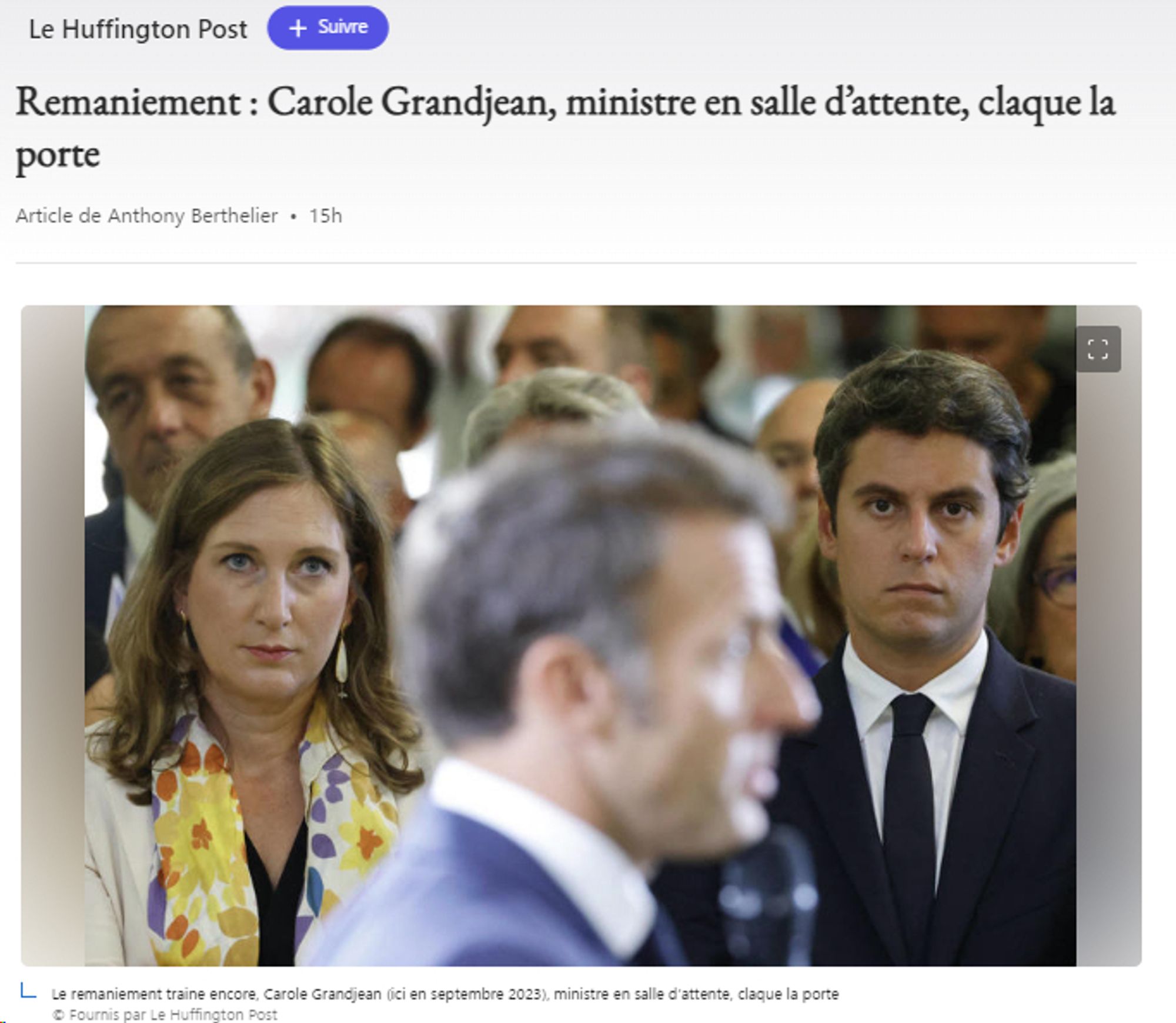 Le Huffington Post titre:
"Remaniement : Carole Grandjean, ministre en salle d’attente, claque la porte"