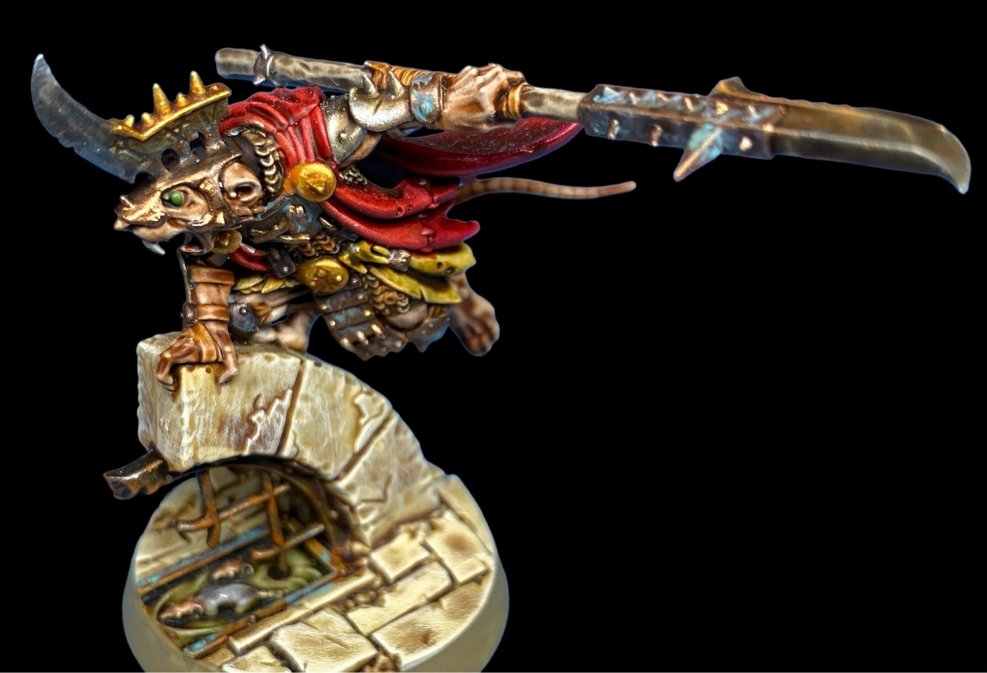 Red cloaked Skaven Stormvermin with spear leaping over a bone colored arch