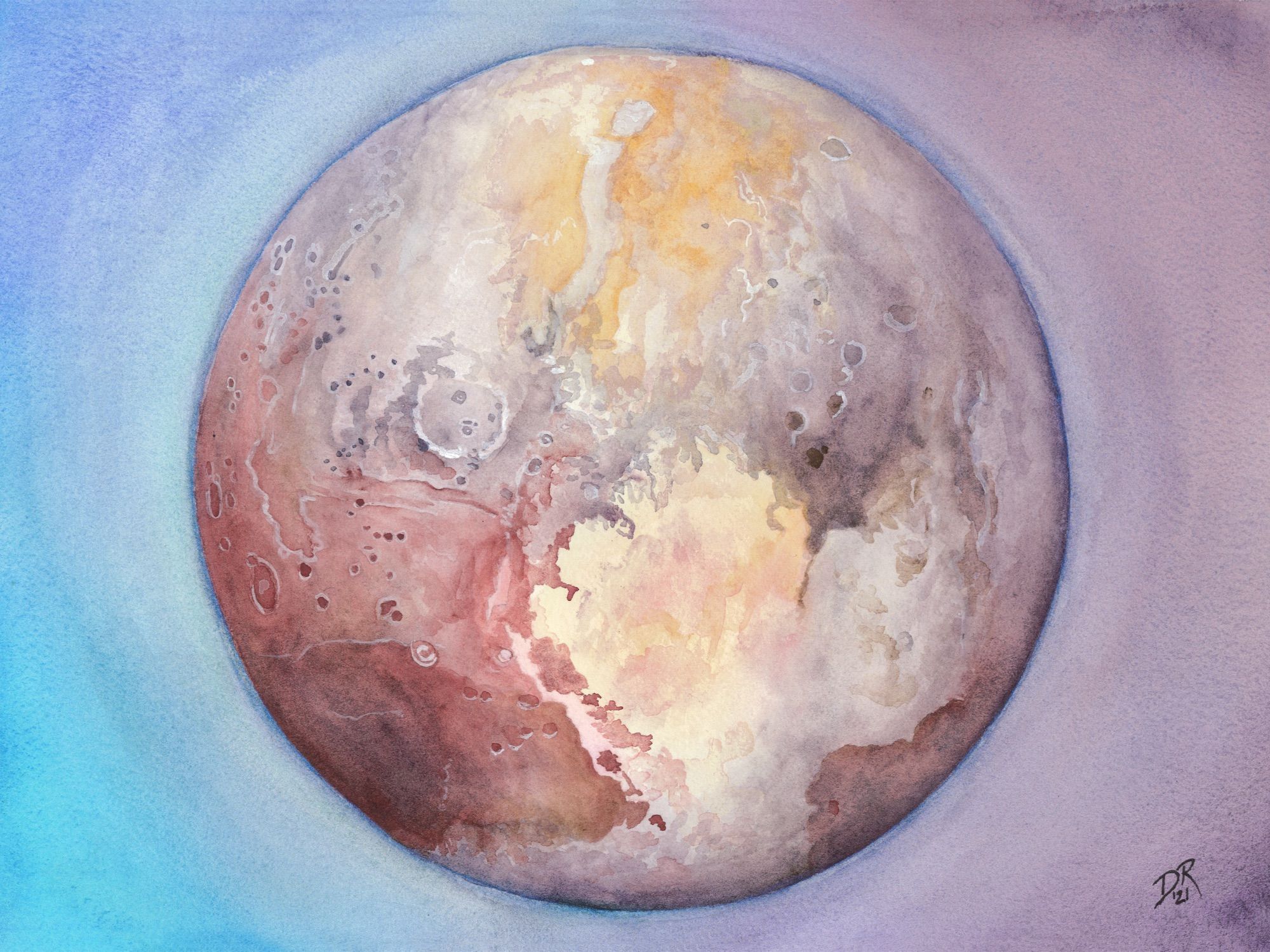 WE STILL LOVE YOU by Danielle Rose Baker. A watercolor painting of the dwarf planet Pluto, as imaged by the New Horizons spacecraft in 2015. The surface is seen in enhanced color, showing warm tans, reddish-browns and purple-grays, dotted with craters and ridges. A large heart-shaped feature dominates the lower right quadrant of the planet. The background is rendered in blues and purples.