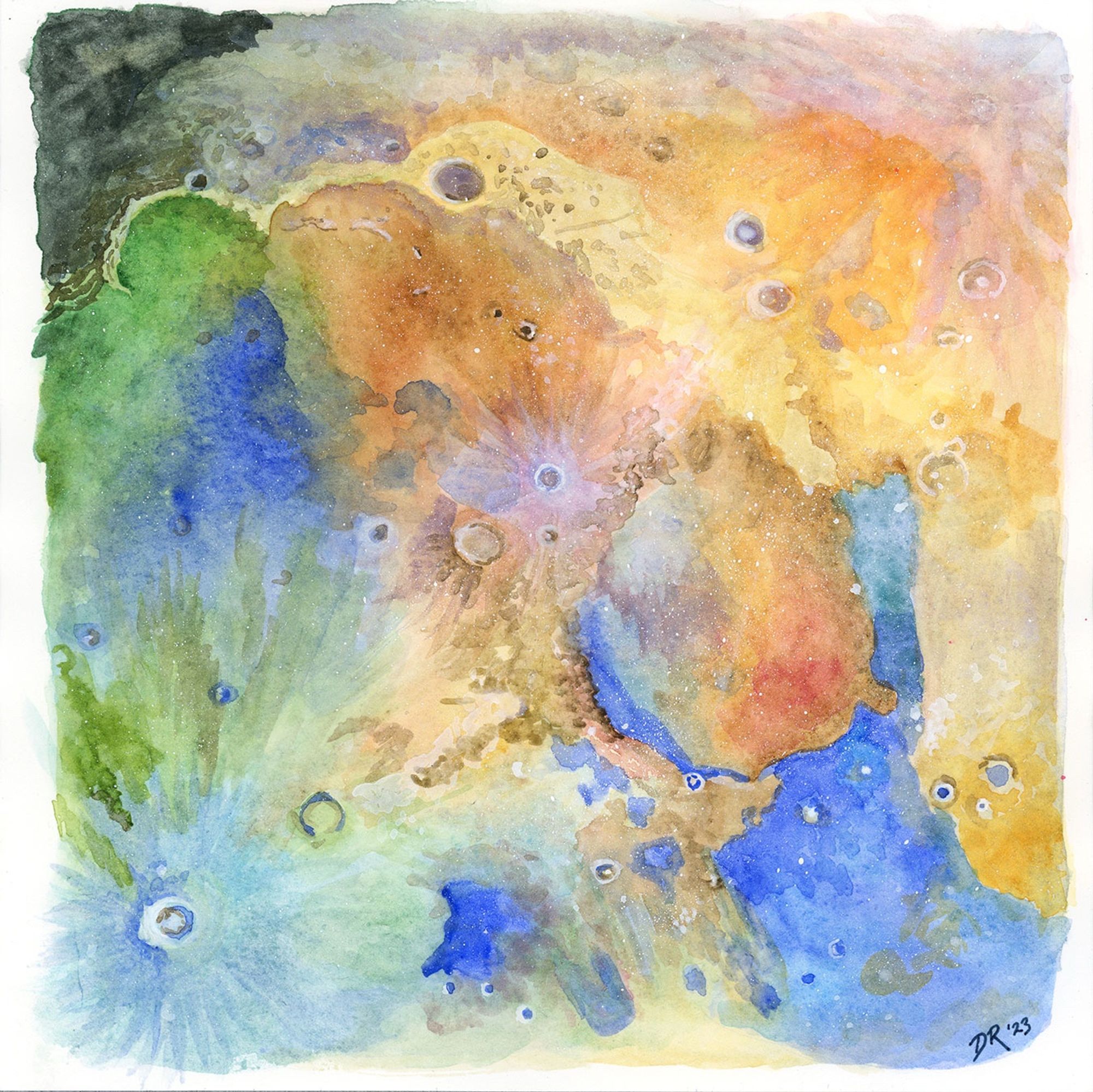 MINERAL MOON by Danielle Rose Baker.
A square watercolor painting, featuring a close up of the lunar surface with craters and seas in greens, purples, blues and oranges. This enhanced color image shows subtle differences in chemical composition and geology, highlighting subsequent volcanic flows and mineral concentrations that might otherwise evade the eye.