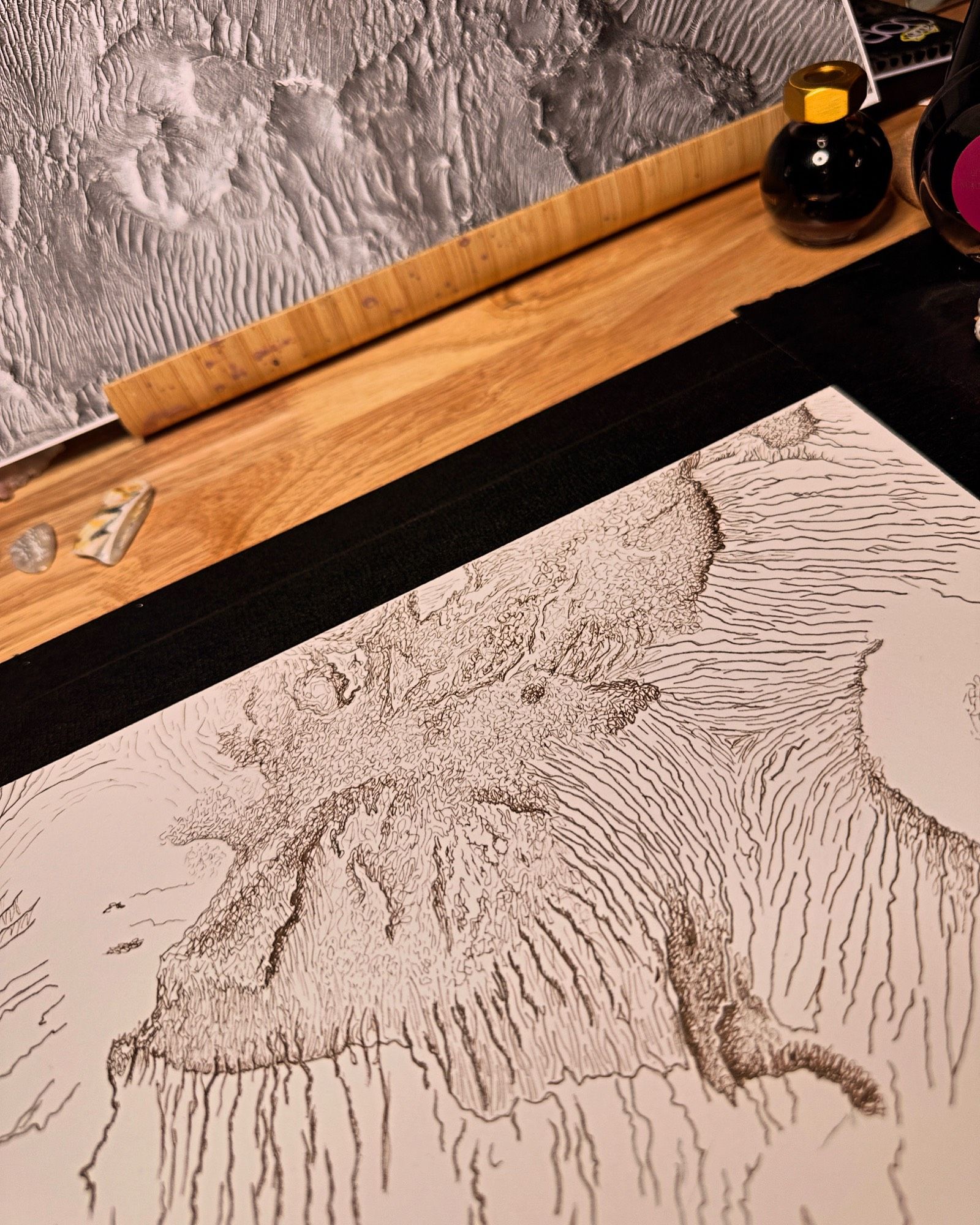 An illustration in progress with complex dune patterns inked with sepia Micron pens. Thick and thin lines trace wiggly patterns and lines across this scene, fields of dunes at different sizes and complexities converging. Behind the drawing, a large printout of the scene and ink bottles on a wooden surface.