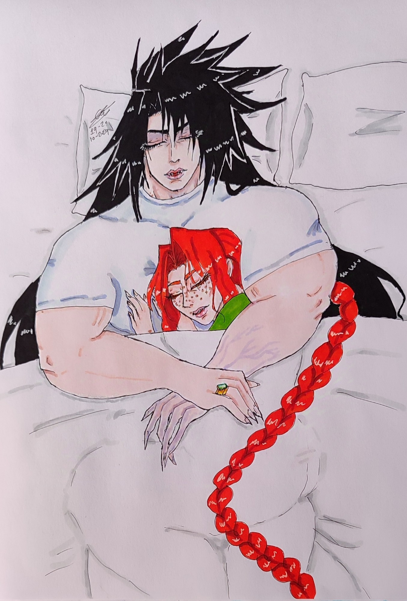 No matter how long they had been apart at first.

They had reunited .

As if the universe finally allowed them to be together again.

And now both men could sleep peacefully in each other's arms again until the morning arrives.

A man with long raven hair sleeps in bed whilst embracing a man with long copper red hair that has been braided in a single braid.