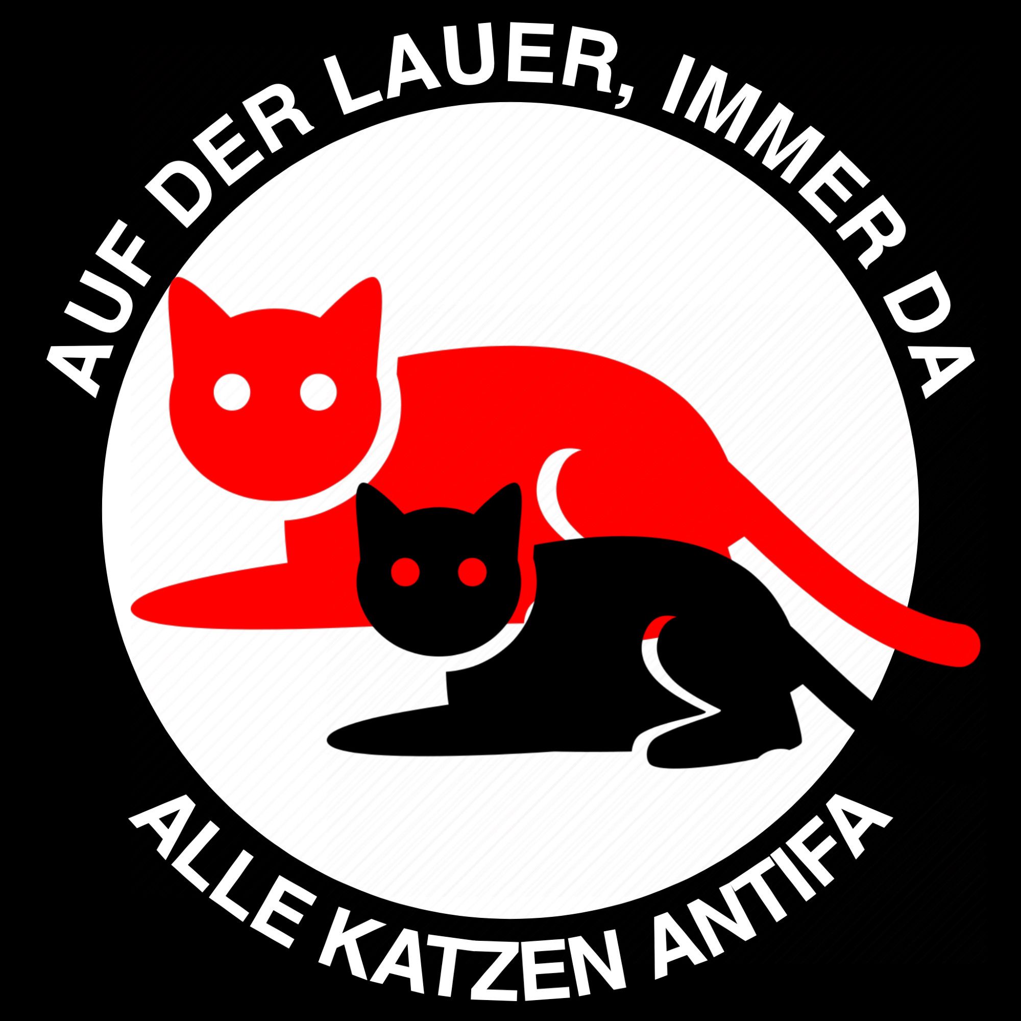 antifa logo "auf der lauer immer da- alle katzen antifa" mit einer roten und einer schwarzen icon katze im kreis