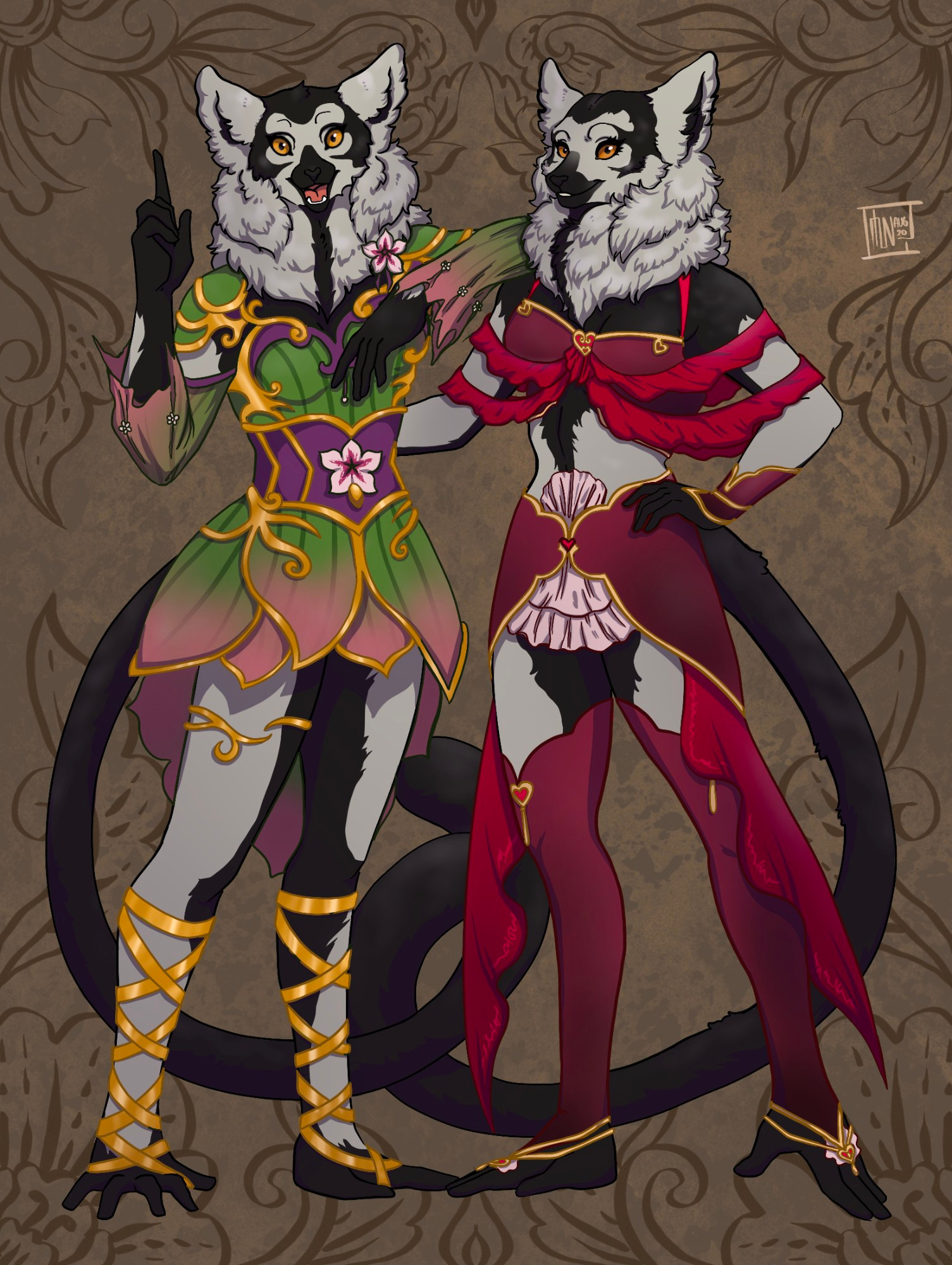 An illuatration of a pair of twin anthro characters based on the black-and-white ruffed lemur. On the left is Petunia, an anthropomorphic lemur in a green dress with pink and gold details. On the right is Belladonna, an anthropomorphic lemur in a red two-piece dancer outfit with red, pink and gold details. They are standing side-by-side comfortably.