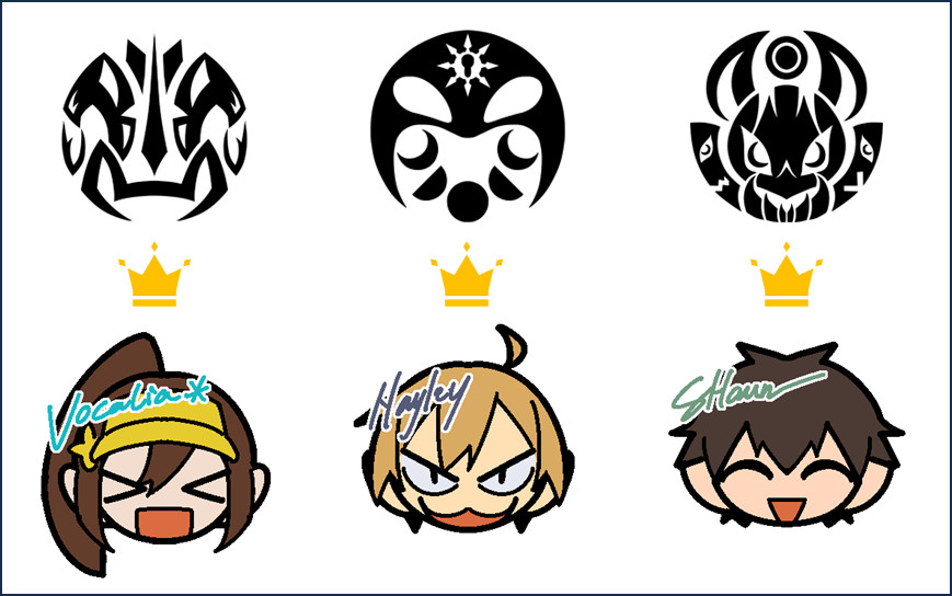 A picture of 3 Vertex teams with a plain white background. On the top are the sigils based on the teams' "mascots". Underneath the sigils are small stylized head arts of the leaders of each team with a crown on each of their heads: Vocalia Lac Ciel for Vertex Lux on the left, Hayley Summerland for Vertex Twilight in the middle, and Shaun Aguilar of Vertex Nox on the right.