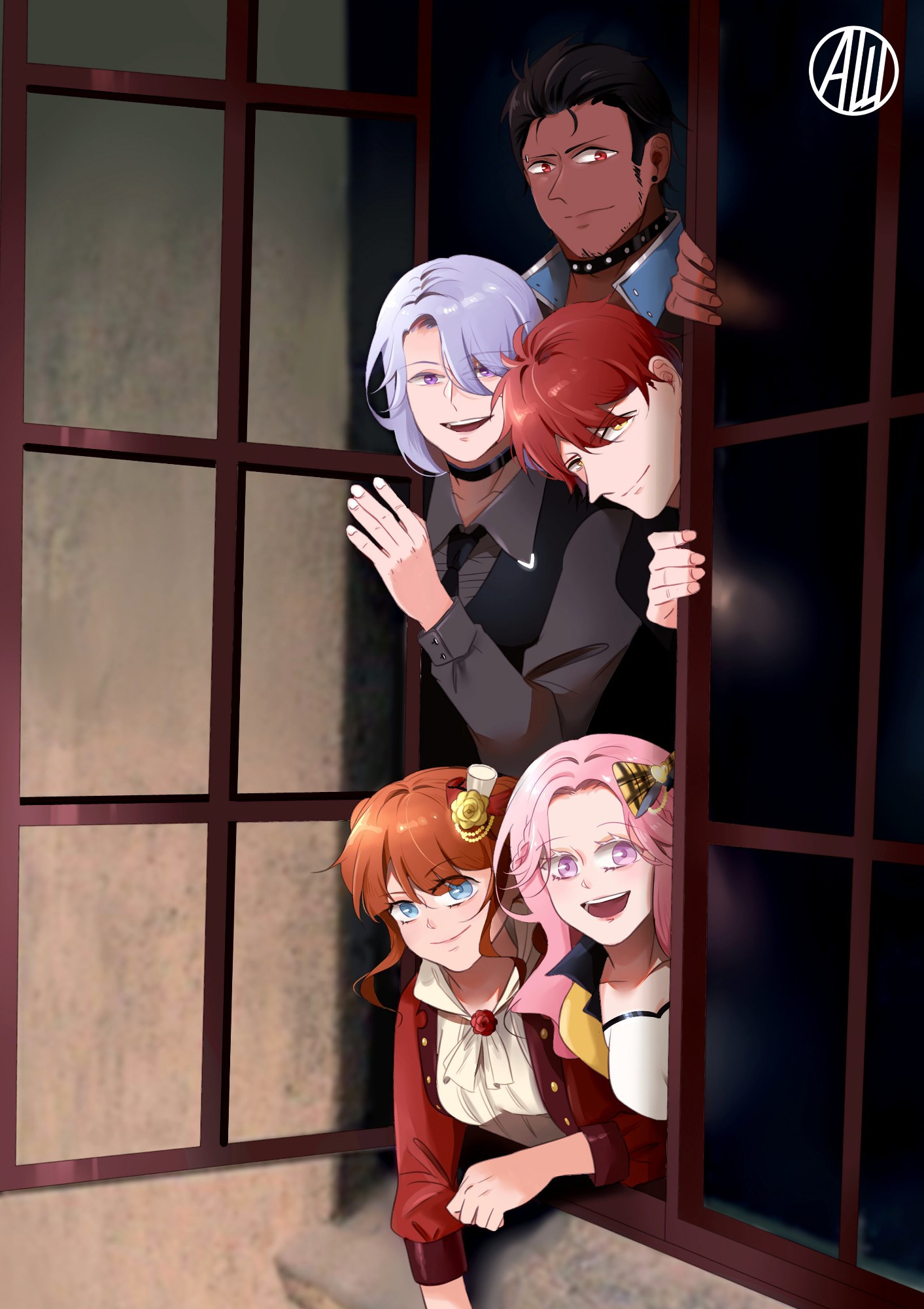 An image of 5 characters peering out from a window and smiling towards the observer. They are piled together based on their standing positions. From top to bottom: dark brown-haired Duncan Warden the daemon, silver-haired Jules C. Rubin the seraph, red-haired Alistair Deckard the daemon, reddish brown-haired Citra Pujiastuti the half-seraph, & pink-haired Terathiea Paracelsus the aetheros.