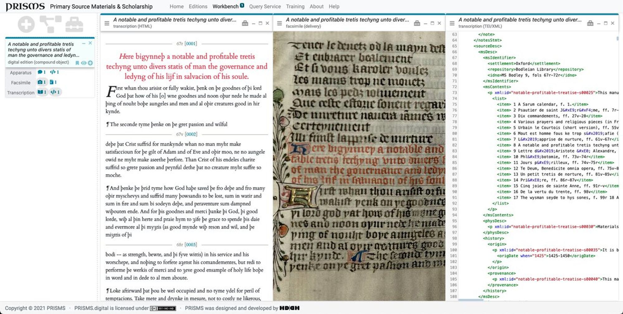 Screenshot of the PRISMS digital scholarly editions platform