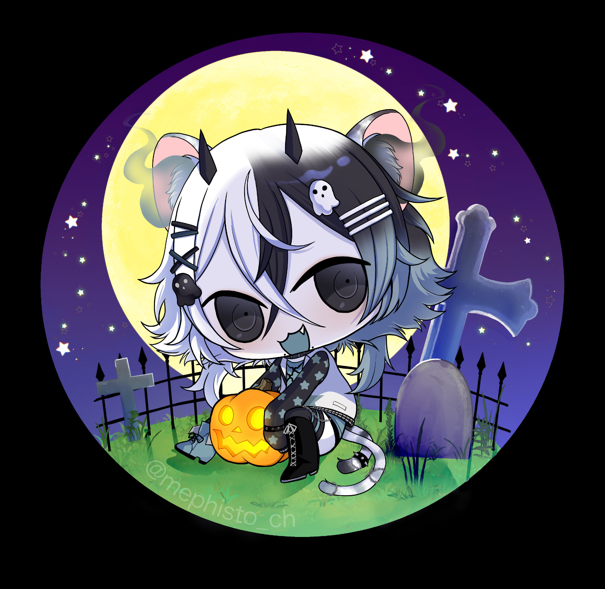 A  large headed chibi YCH of Star ( @/starlyteghost) sitting on the ground holding a jack-o-lantern. The character is placed in the center of a circular background with a large full moon and starry purple sky behind it. The ground is grassy and full of headstones, implied to be in a cemetery.