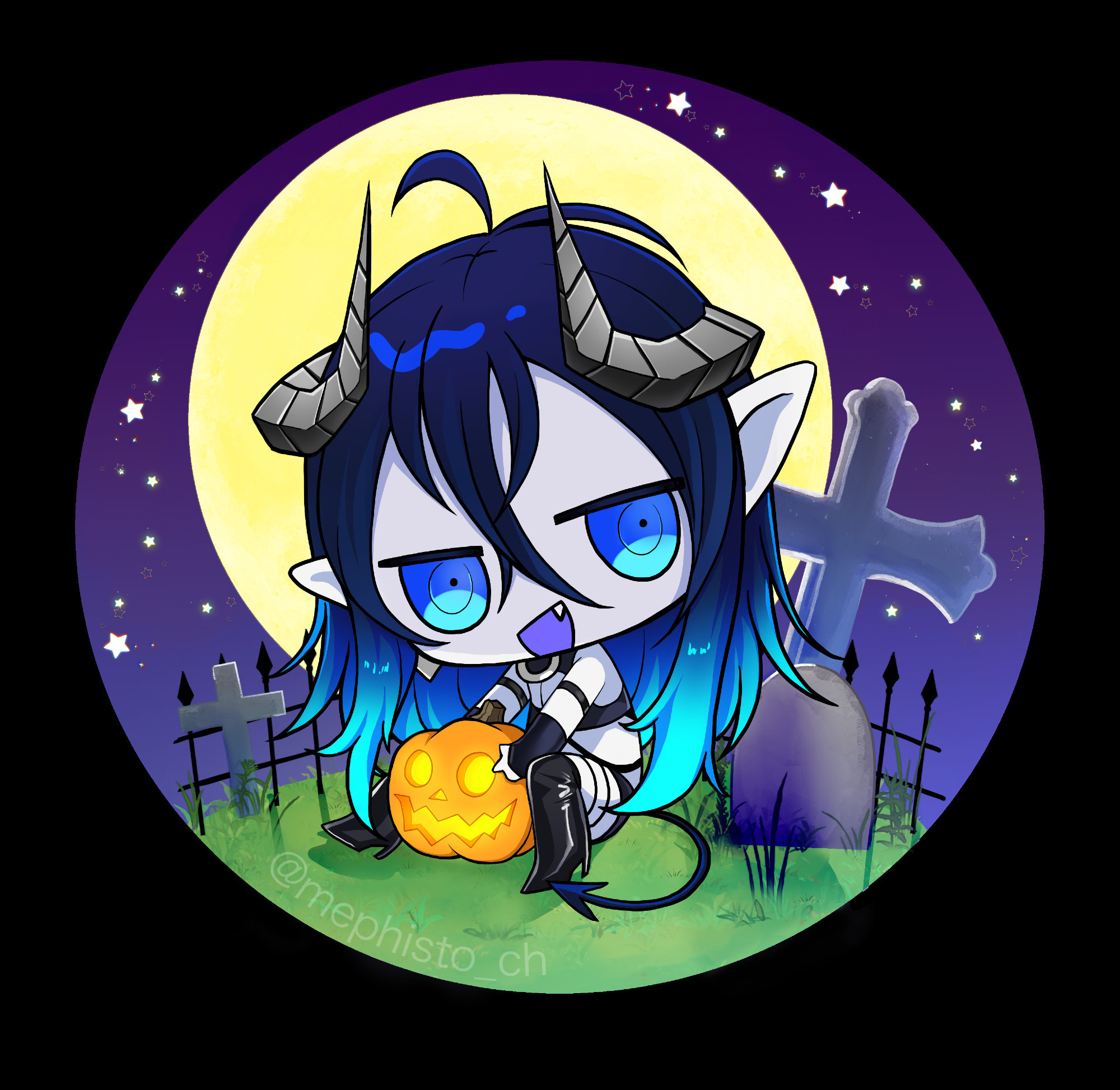 A  large headed chibi YCH of Mephisto sitting on the ground holding a jack-o-lantern. The character is placed in the center of a circular background with a large full moon and starry purple sky behind it. The ground is grassy and full of headstones, implied to be in a cemetery.