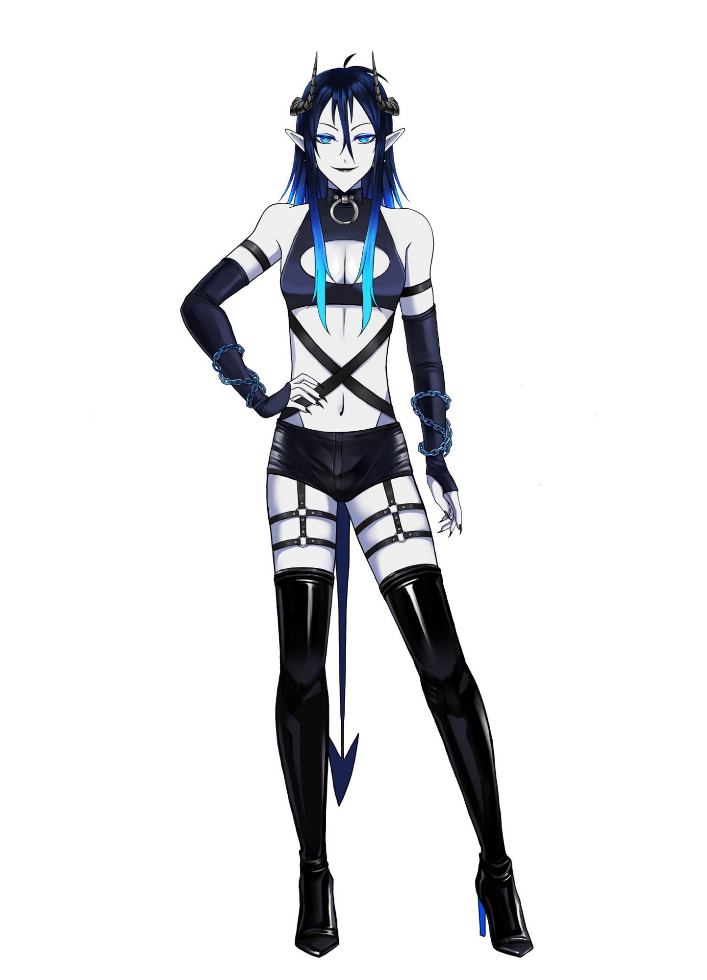 Default outfit for the VTuber Mephisto_ch. It’s a skimpy, mostly black outfit mostly made up of latex and leather.