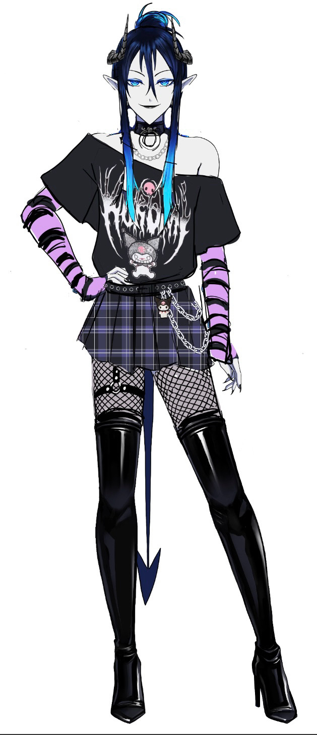 Mephisto_chs “RAWR XD” mall goth outfit. It has a sluttier version of a real tshirt I own of Kuromi that says “KUROMI” in a metal font. His hair is up in a messy bun, and he is wearing an extremely short pleated plaid skirt with chains on the side and a Kuromi keychain.