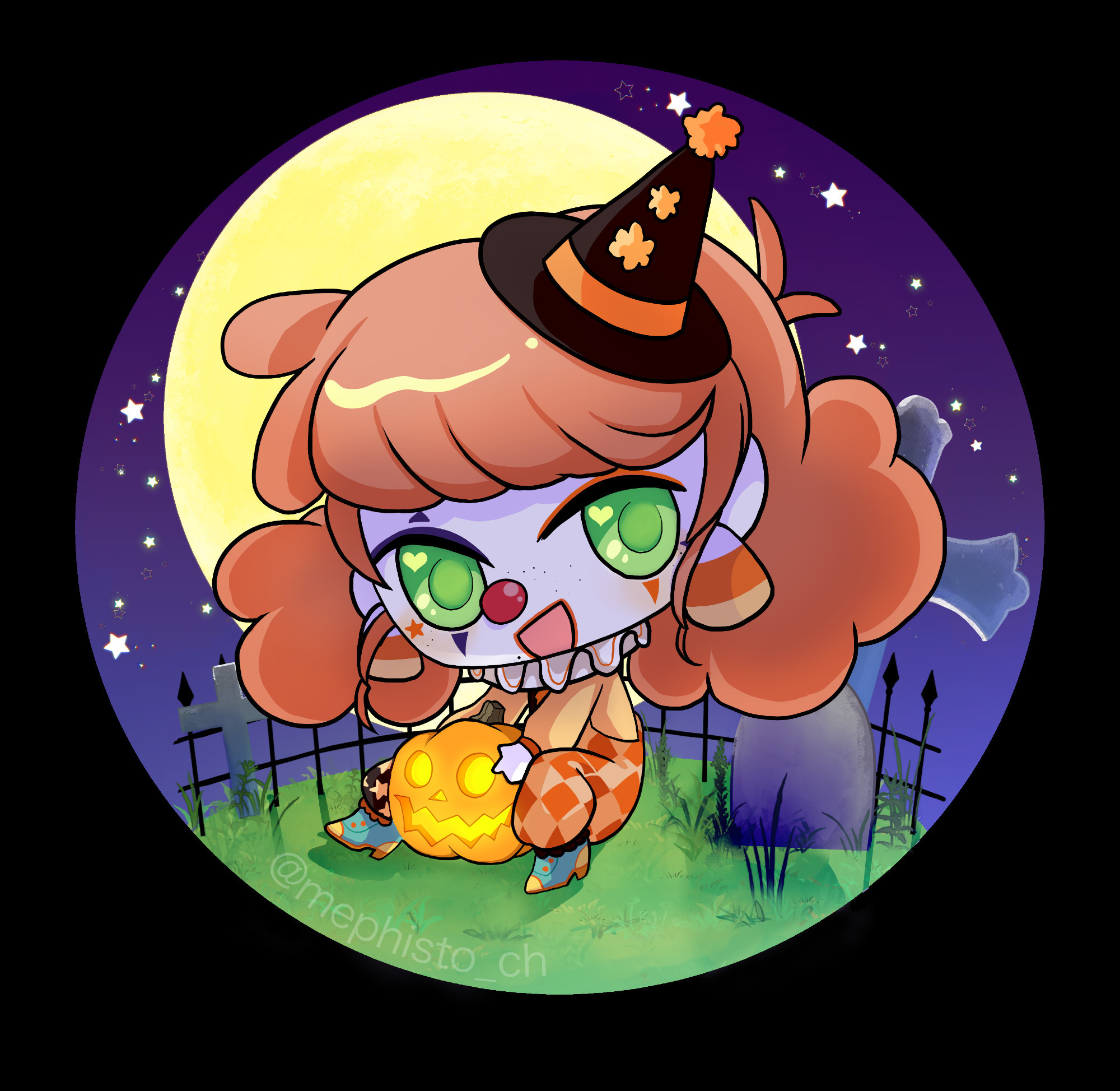 A  large headed chibi YCH of Hachi ( @/hachiart) sitting on the ground holding a jack-o-lantern. The character is placed in the center of a circular background with a large full moon and starry purple sky behind it. The ground is grassy and full of headstones, implied to be in a cemetery.