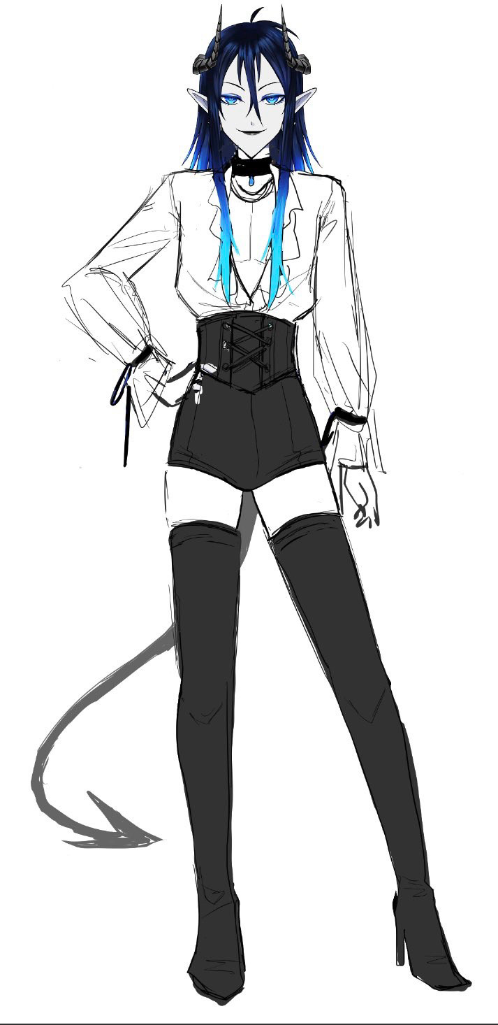 Mephisto_chs formal outfit.  It consists of an open plunging v neckline white victorian shirt with ruffles, a black corset, and black shorts along with his signature thigh high black heels  