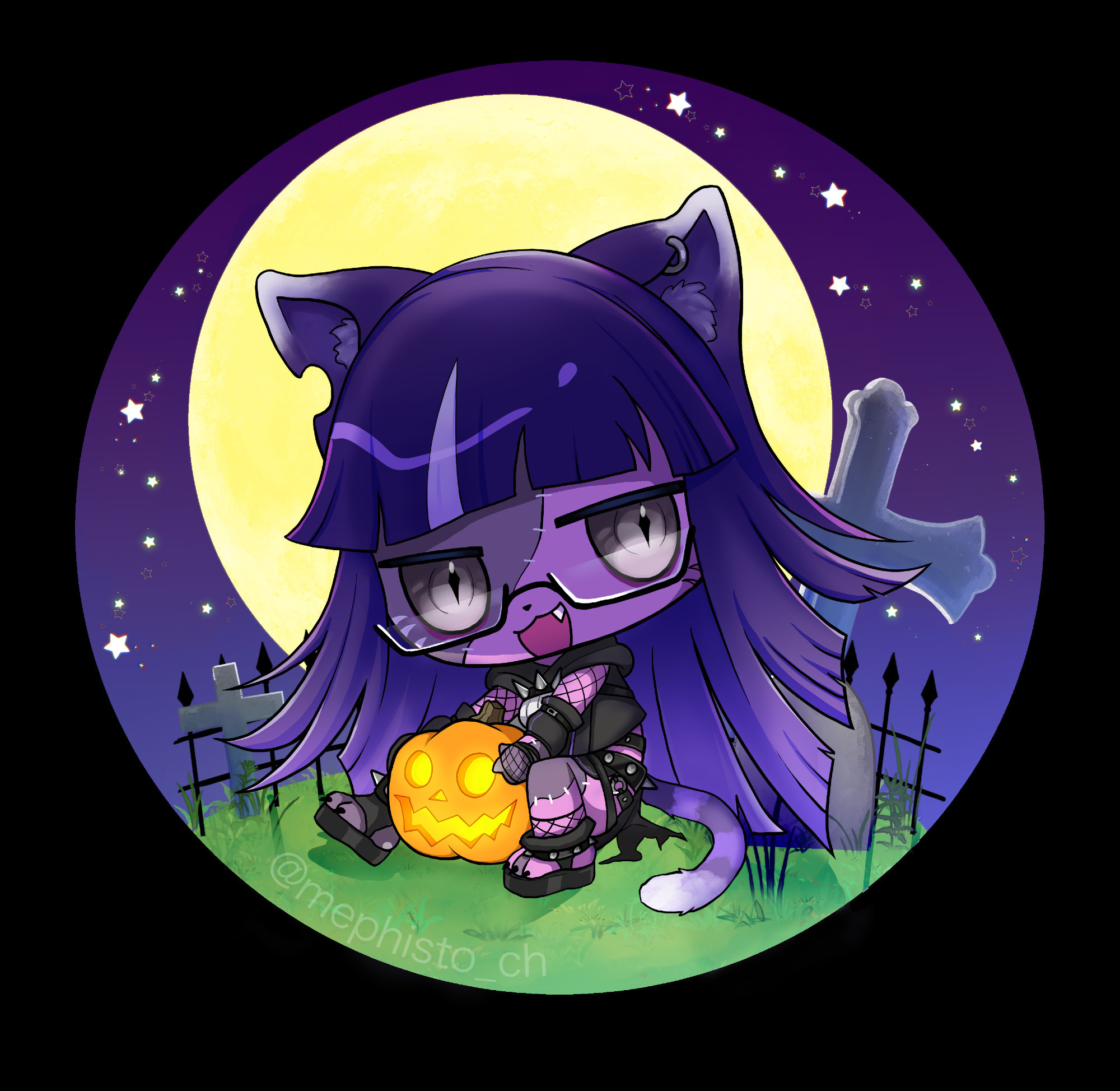 A  large headed chibi YCH of Ellie ( @/nyecromancer ) sitting on the ground holding a jack-o-lantern. The character is placed in the center of a circular background with a large full moon and starry purple sky behind it. The ground is grassy and full of headstones, implied to be in a cemetery.