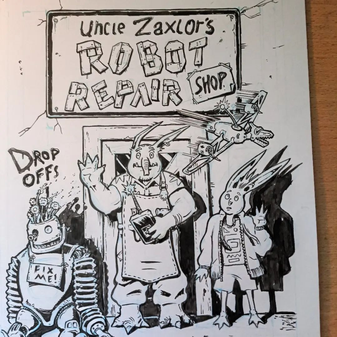 A b/w comics cover with two aliens standing in front of a sign that reads "Uncle Zaxlor's Robot Repair Shop"