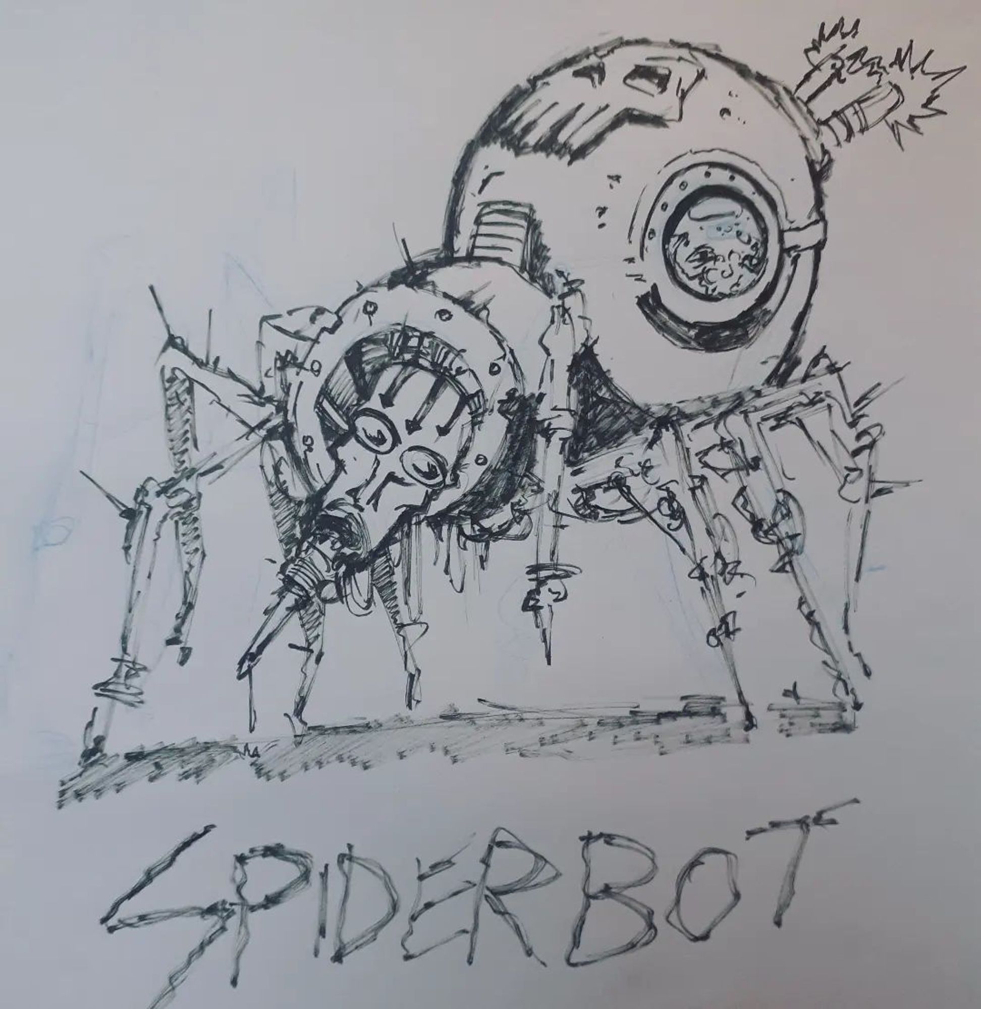 A spider robot with a human face. There's also a guy visible through a window in its abdomen, but it's hard to see because I didn't draw it very well