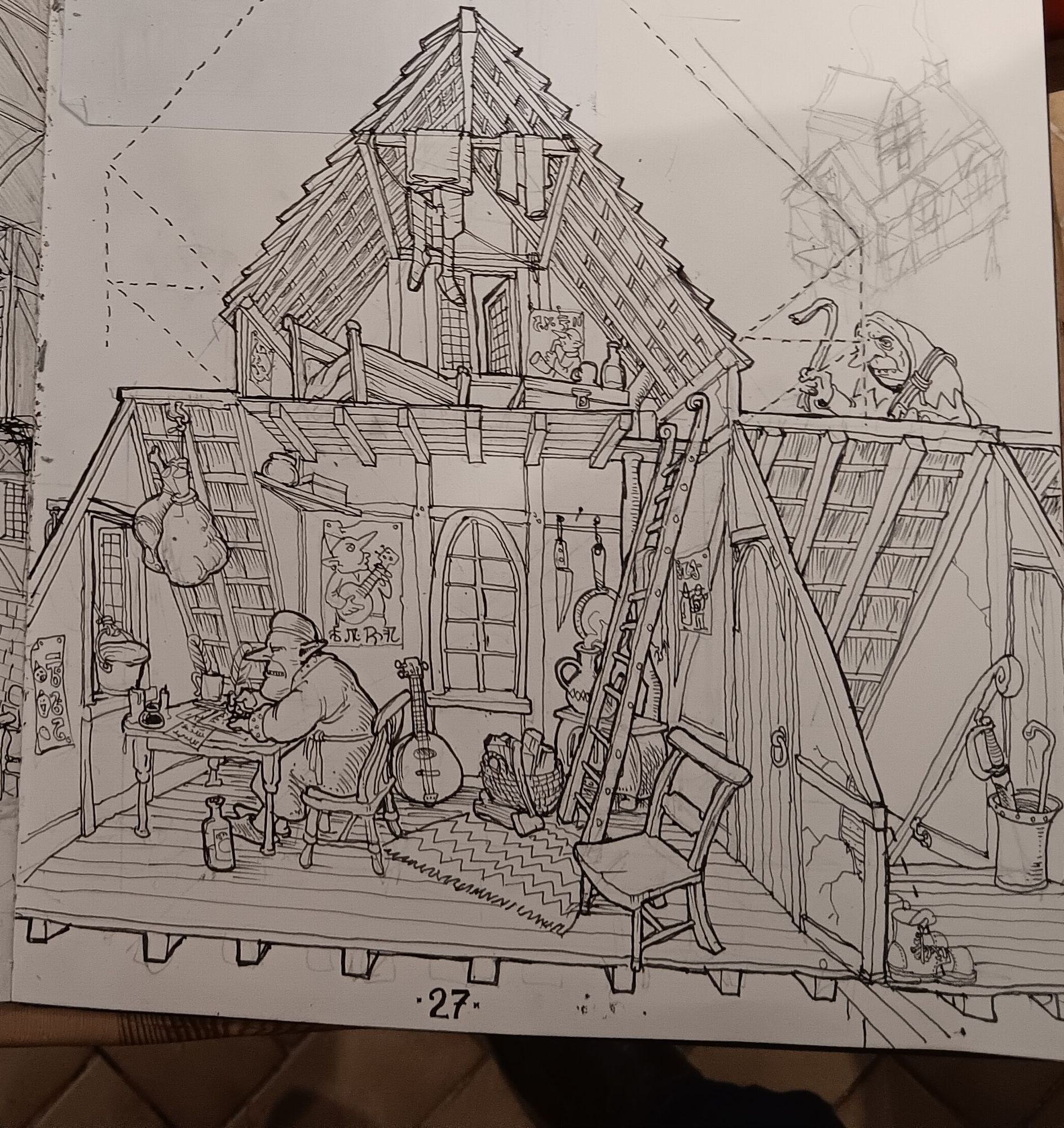 A cross-section showing a grumpy goblin sitting in his attic apartment.