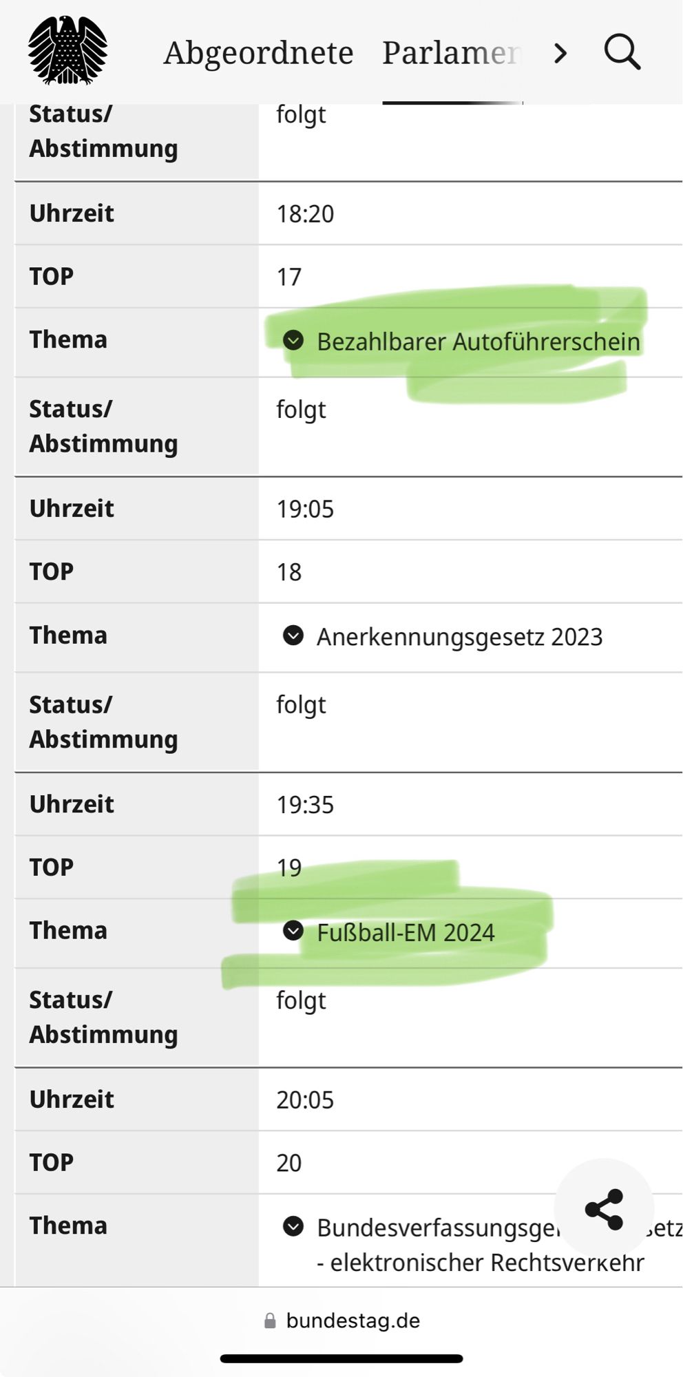 Screenshot von den Tagesordnungen des deutschen Parlaments. Markiert sind hier die Punkte „bezahlbarer Führerschein“ und „Fußball EM 2024“