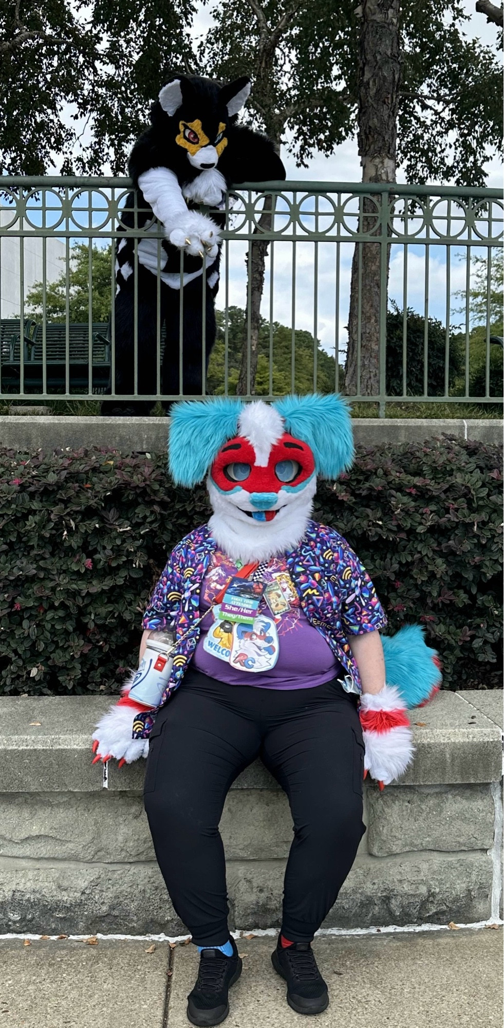 Photo of a cat fursuiter pointing at a dog fursuiter below her