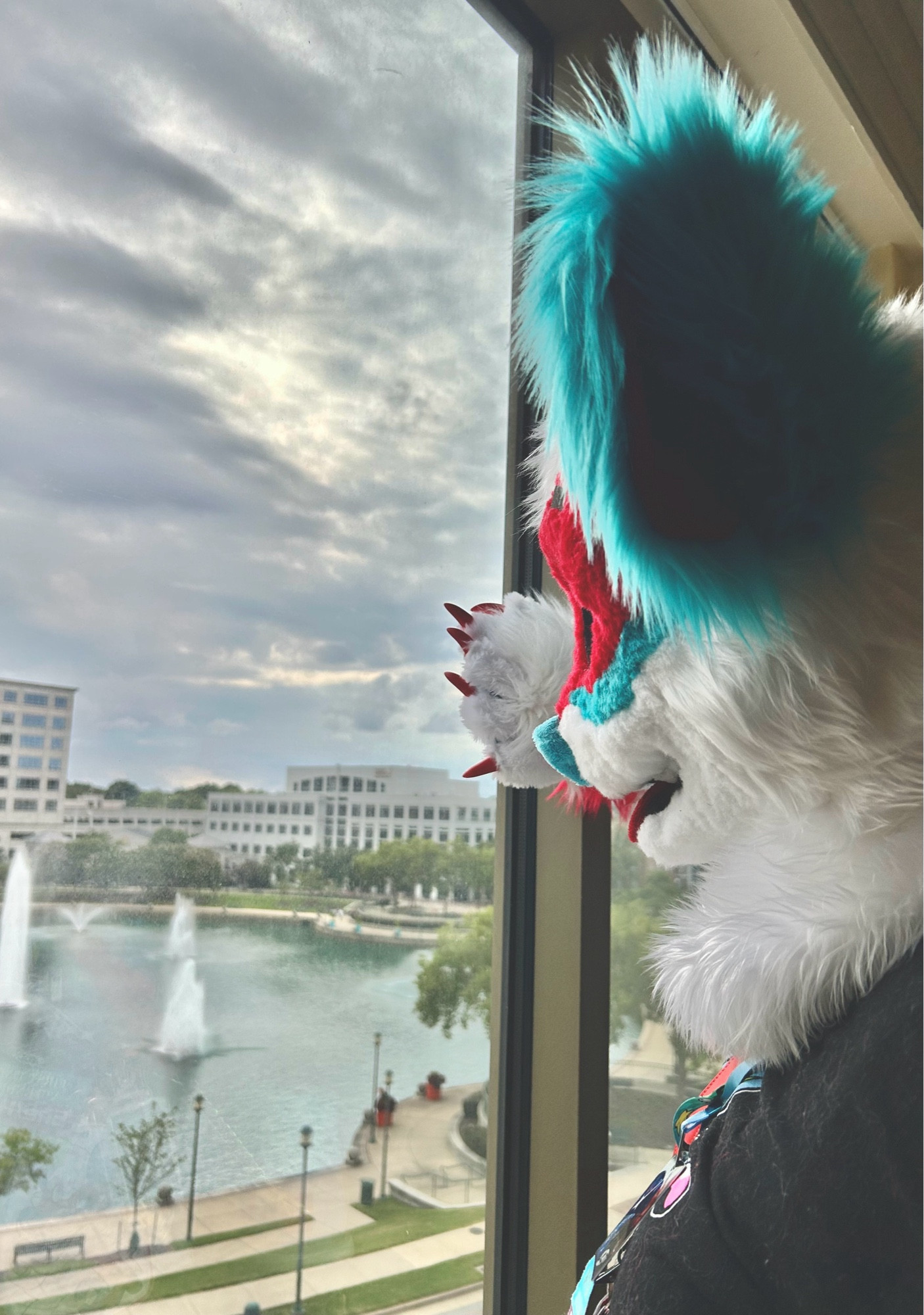 A red/blue/white dog fursuiter looks out through a hotel window at a man-made lake in the middle of a cityscape