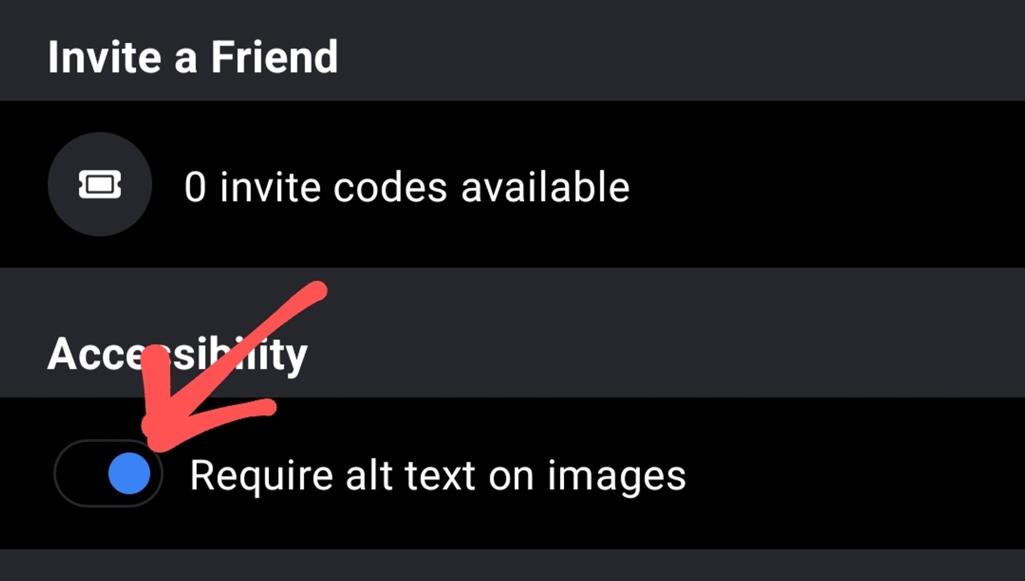 Screenshot of the Android BlueSky settings screen. Right beneath the "Invite a Friend" section, there is a new Accessibility section where you can toggle on to "Require alt text on images."