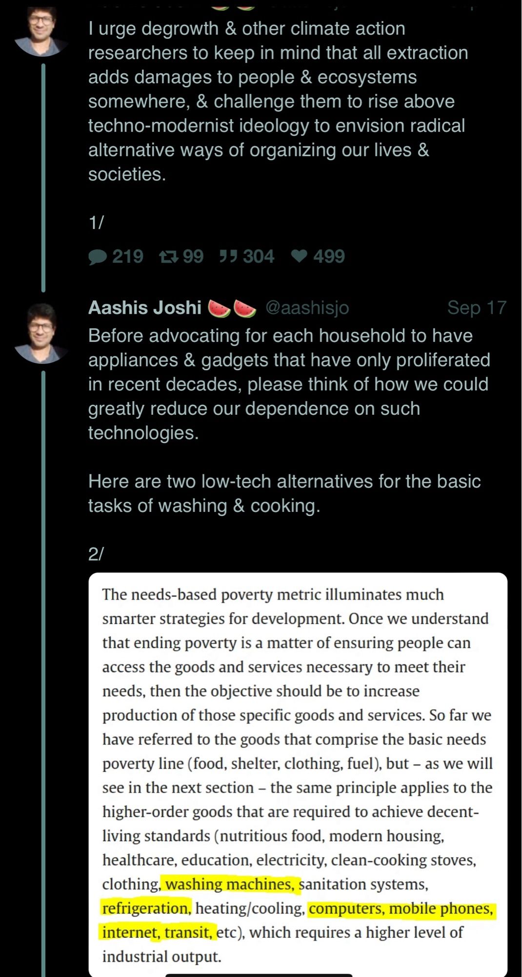 l urge degrowth & other climate action researchers to keep in mind that all extraction adds damages to people & ecosystems somewhere, & challenge them to rise above techno-modernist ideology to envision radical alternative ways of organizing our lives & societies.
1/

Before advocating for each household to have appliances & gadgets that have only proliferated in recent decades, please think of how we could greatly reduce our dependence on such technologies.
Here are two low-tech alternatives for the basic tasks of washing & cooking.
2/
The needs-based poverty metric illuminates much smarter strategies for development. Once we understand that ending poverty is a matter of ensuring people can access the goods and services necessary to meet their needs, then the objective should be to increase production of those specific goods and services. So far we have referred to the goods that comprise the basic needs poverty line (food, shelter, clothing